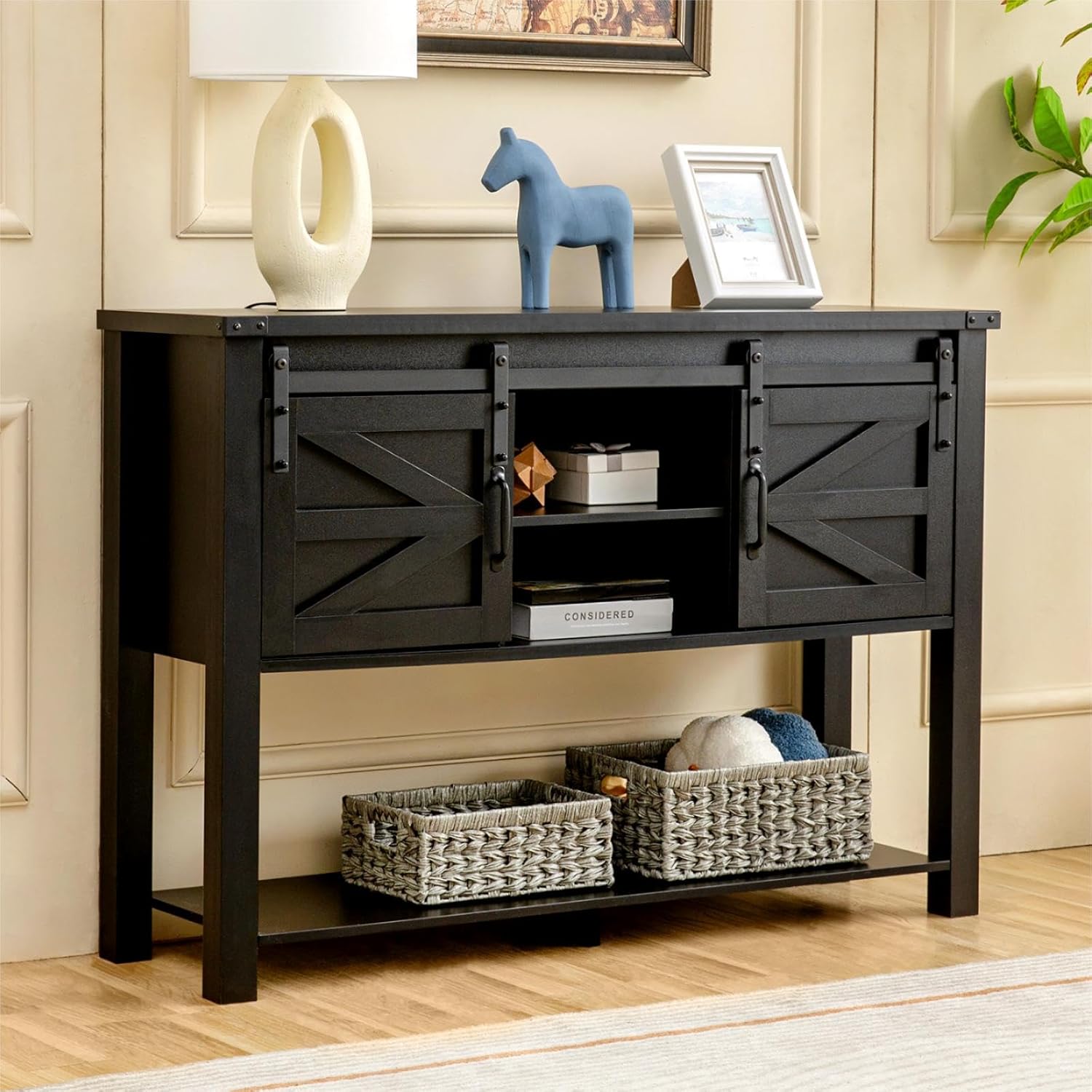 GAZHOME Entryway Table with Sliding Barn Doors, 46'' Farmhouse Console Table with Storage, Rustic Sofa Table with Adjustable Shelf & Open Shelf for Entry Way, Hallway, Living Room, Black