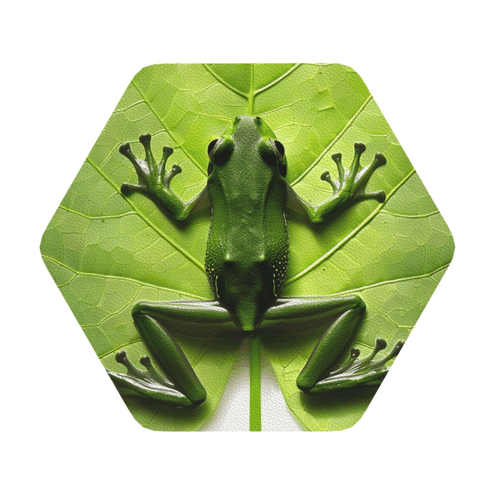 Frog Leaves Print Leather Coaster Set of 6, Hexagon Coasters Table Decorative Coffee Cup Beverage Coasters Wine Beer Bar Coasters for Hot Drinks Table Protection
