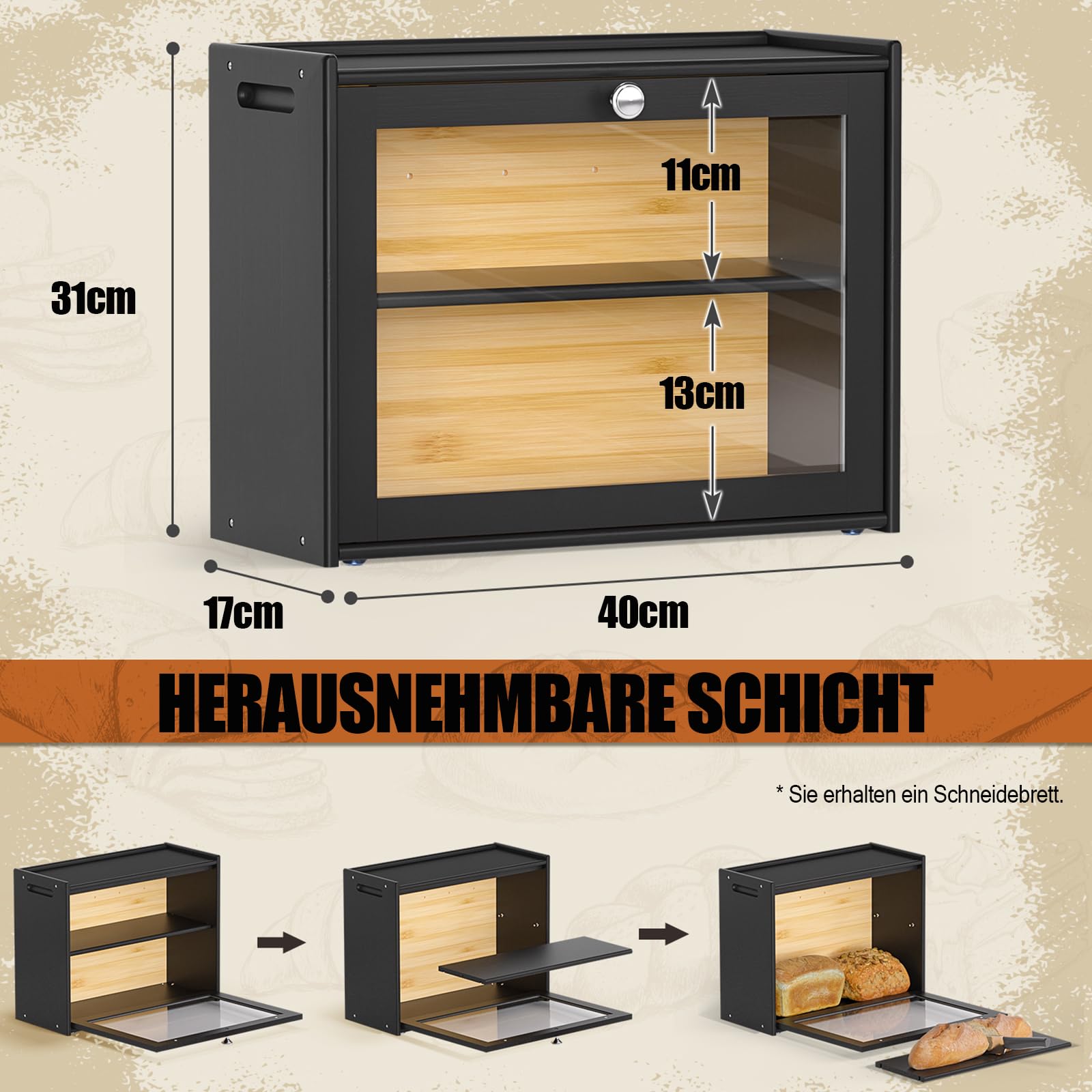 Brotkasten Bambus mit Belüftung 2 Regale Brotbox 40x31x17cm | mit Großes Sichtfenster, Brotbehälter, Brotaufbewahrung