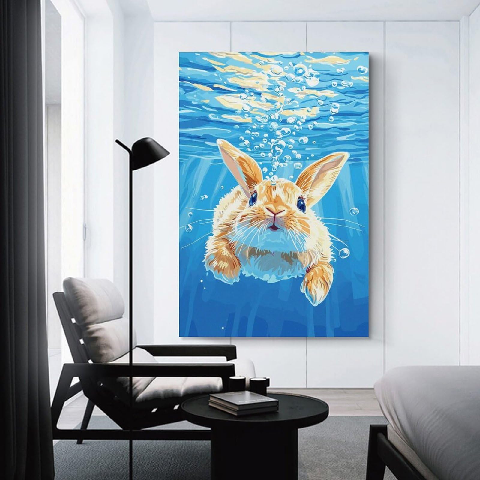 Junmoney Unframe-Style-17 Underwater Rabbit Illustration Home Decor Wall Art 24X36inch(60X90cm), For Bedroom, Guest Room Or Reading Nook, Decorative Wall Art For Cosy Rooms