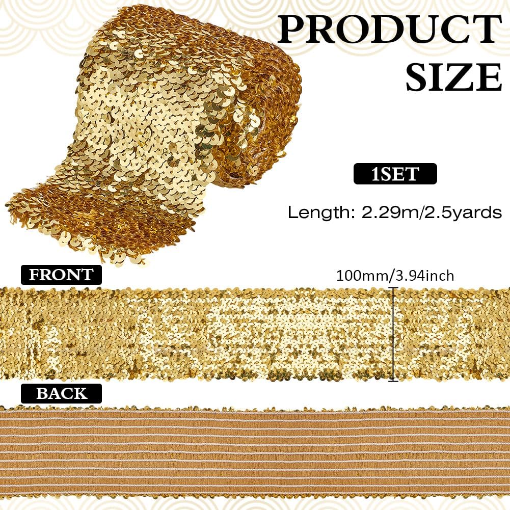 FINGERINSPIRE 2.5 Yards Sequin Trim 4inch Wide Gold Elastic Sequin Ribbon Flat Paillette Lace Trim Stretch Bling Paillette Ribbon Metallic Fabric for Dress Headband Sewing Craft