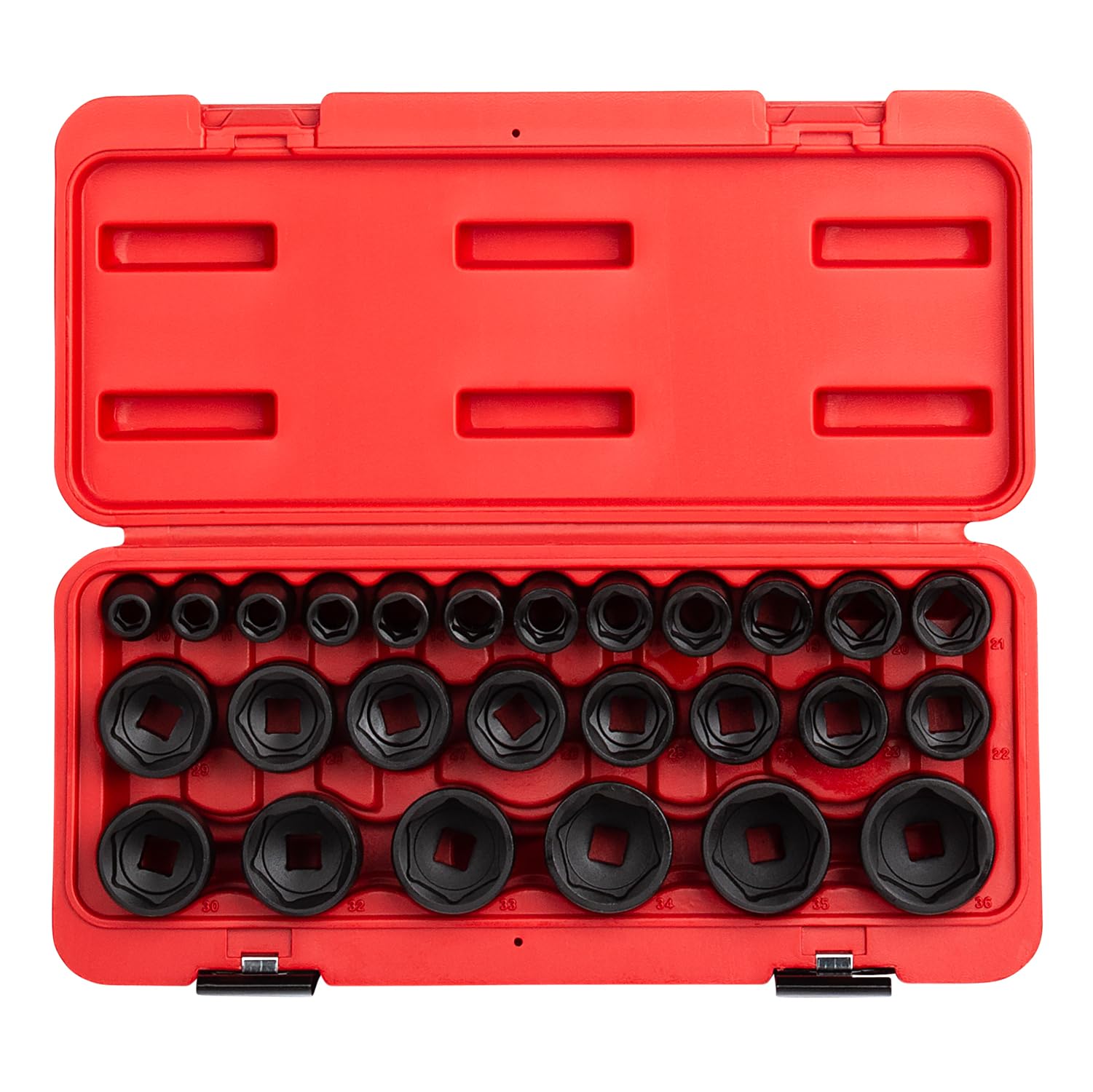 Sunex2645, 1/2 Inch Drive Impact Socket Set, 26-Piece, Metric, 10mm-36mm, Cr-Mo Alloy Steel, Radius Corner Design, Heavy Duty Storage Case