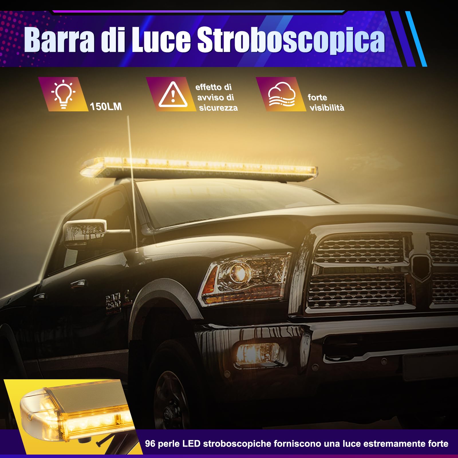 Barra luminosa LED 130 cm, 96 LED, 3000 K, indicatore di direzione, emergenza, spazzaneve, striscia IP65 3,8 m