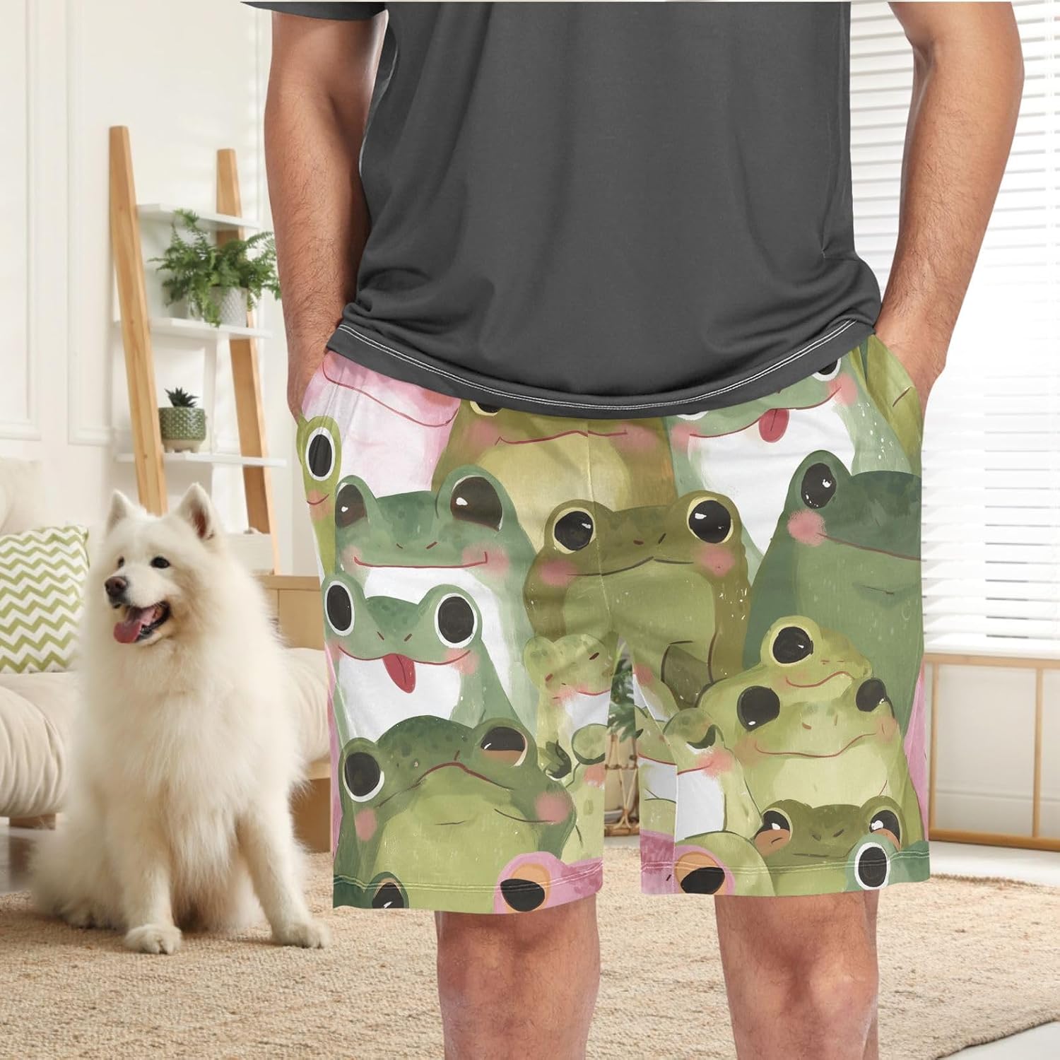 visesunny Men's Pajama Shorts Summer Funny Watercolor Frogs Soft Sleep Shorts for Men Pjs Bottoms Pants with Pockets S-XXL