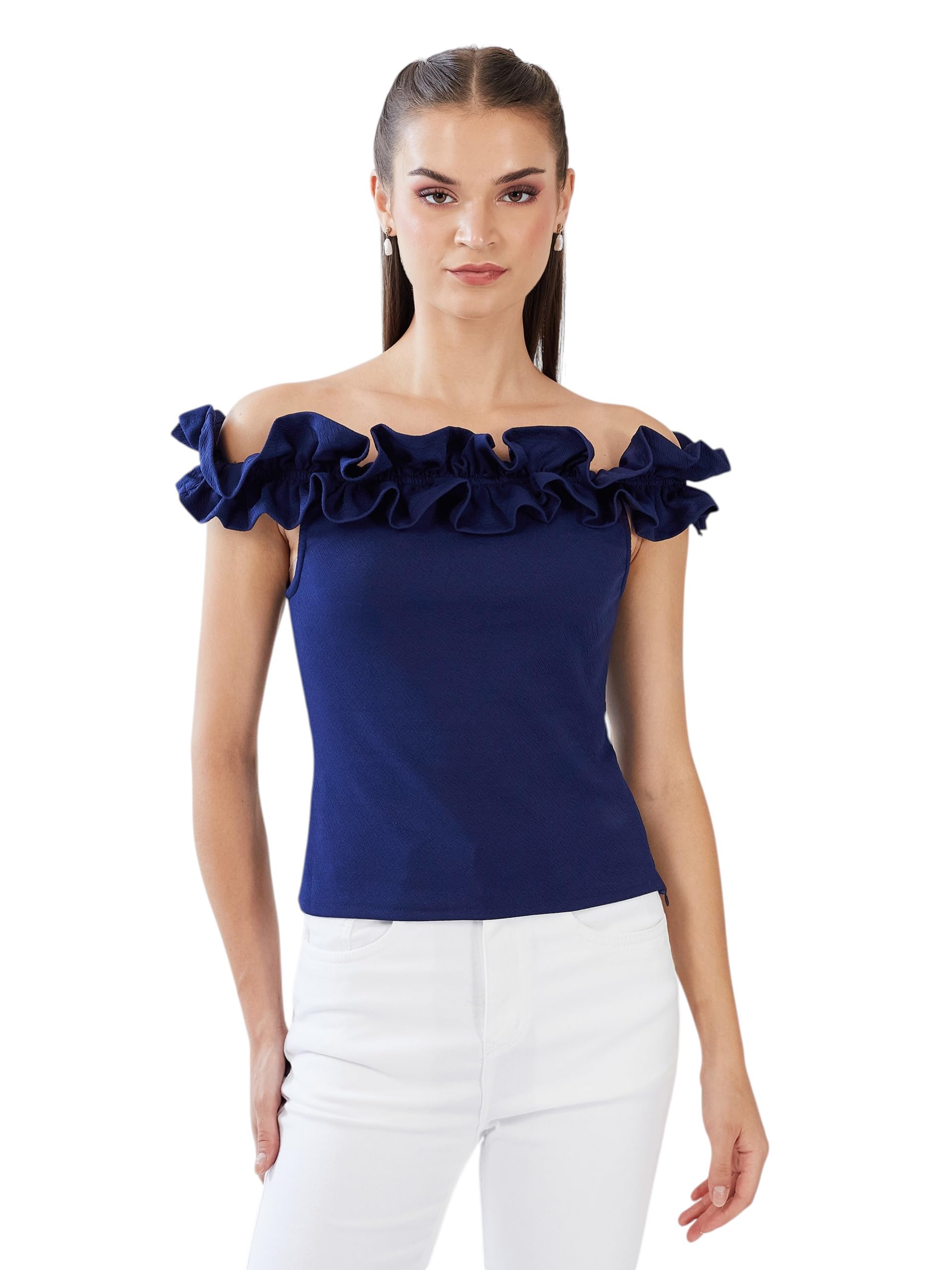 miss chase Women's Off Shoulder Sleeveless Ruffled Frilled Gathered Bardot Top-picture-19