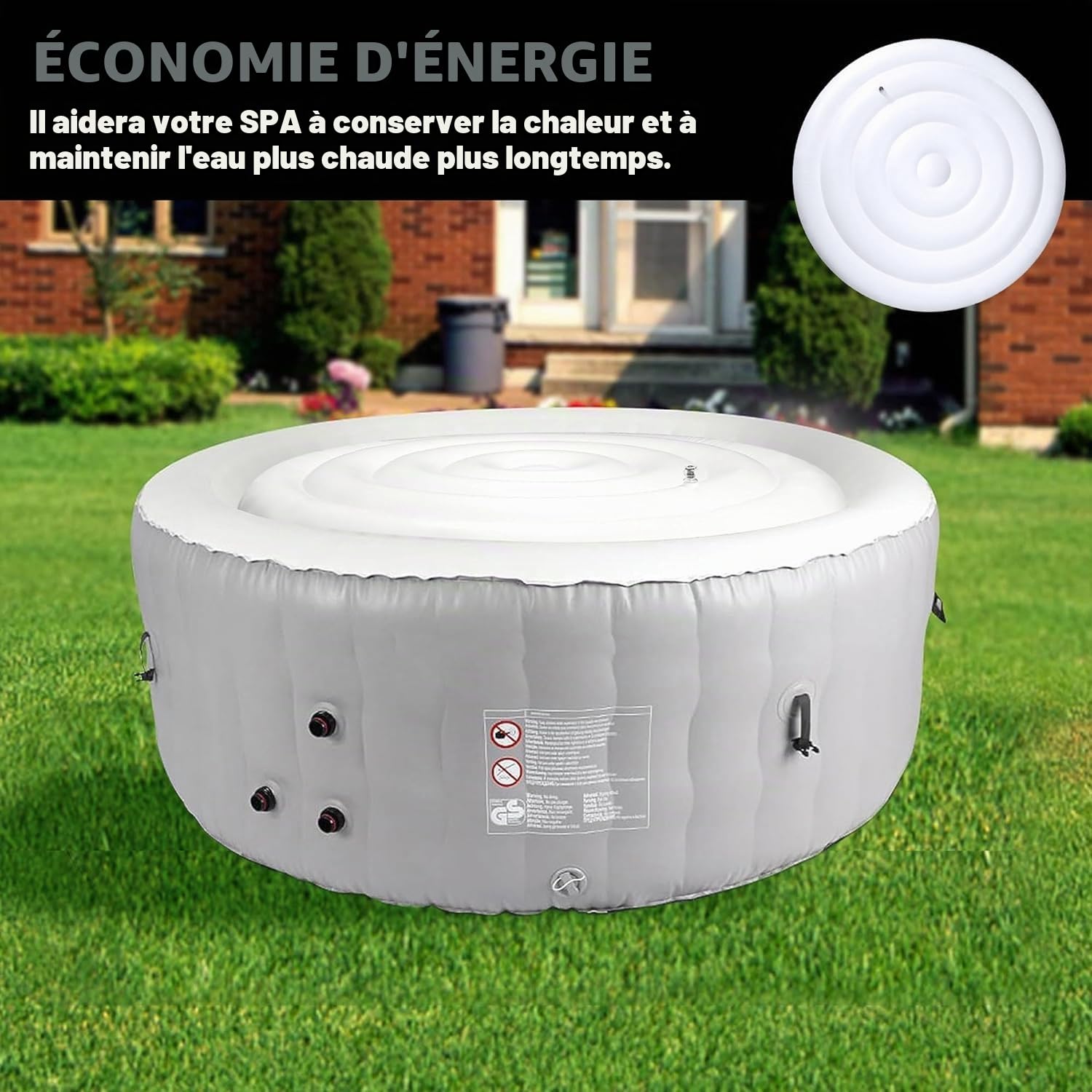 Housse de jacuzzi ronde gonflable de 1,5 m – Couvercle de spa à économie d'énergie – Couvercle de baignoire d'extérieur pour baignoire thermique isolée