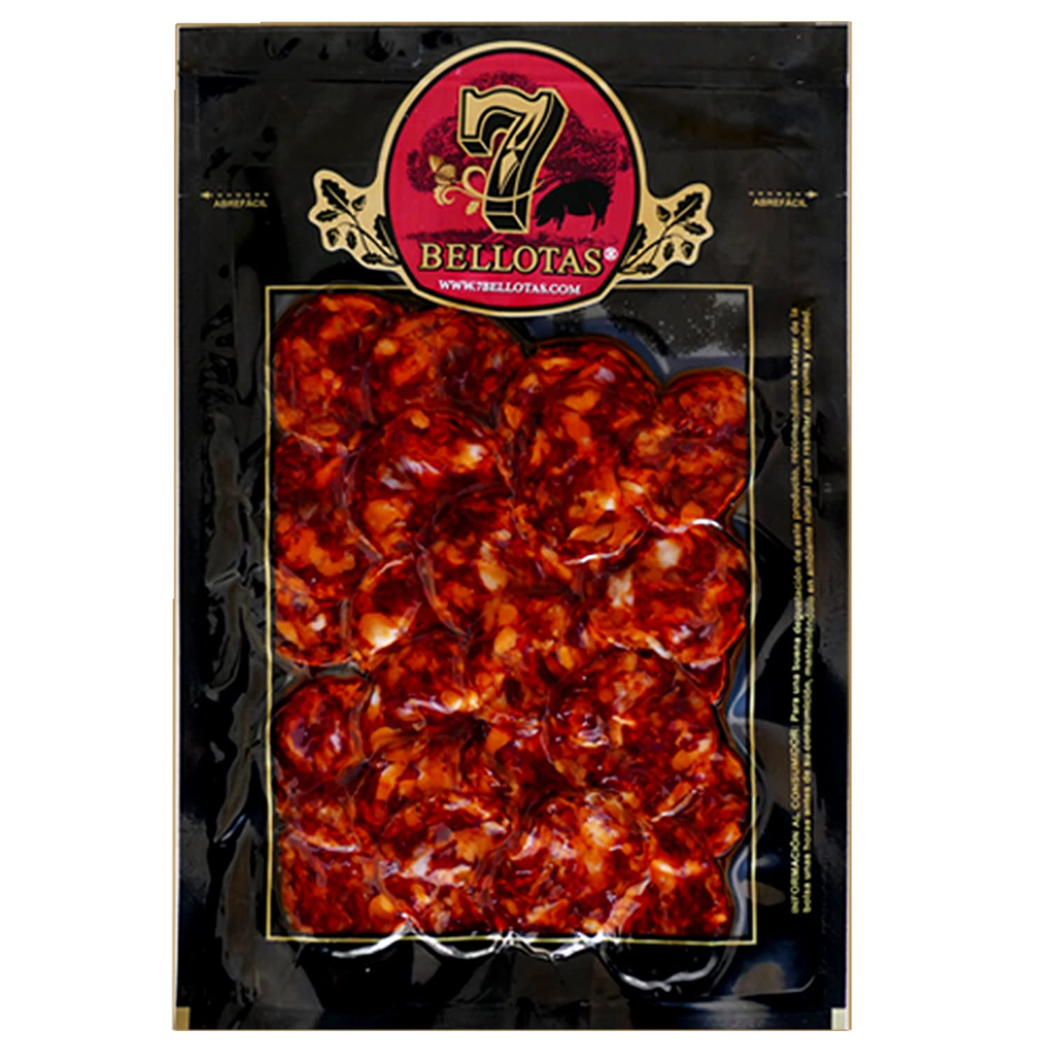 7 BELLOTAS Iberico de Bellota Chorizo | Chorizo-Salami aus Pata Negra Eichelfütterung von 100% Iberischen Schweinen | Natürlich luftgetrocknete Salamanca Würste (In Scheiben geschnitten 5 X 100 gr.)