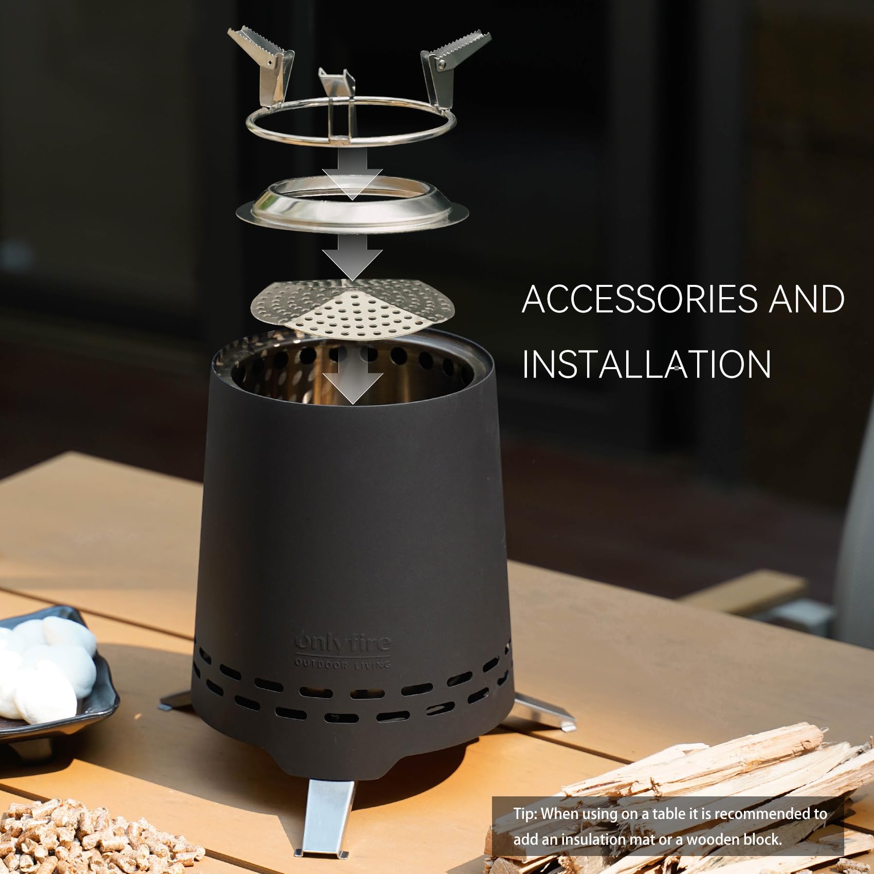 Onlyfire Braciere Senza Fumo da Tavolo, Focolare Portatile con Staffa per Vaso e Borsa da Trasporto, Bruciatura a Legna e a Pellet, per Campeggio all'aperto Tailgating Patio, Acciaio Inox, Nero