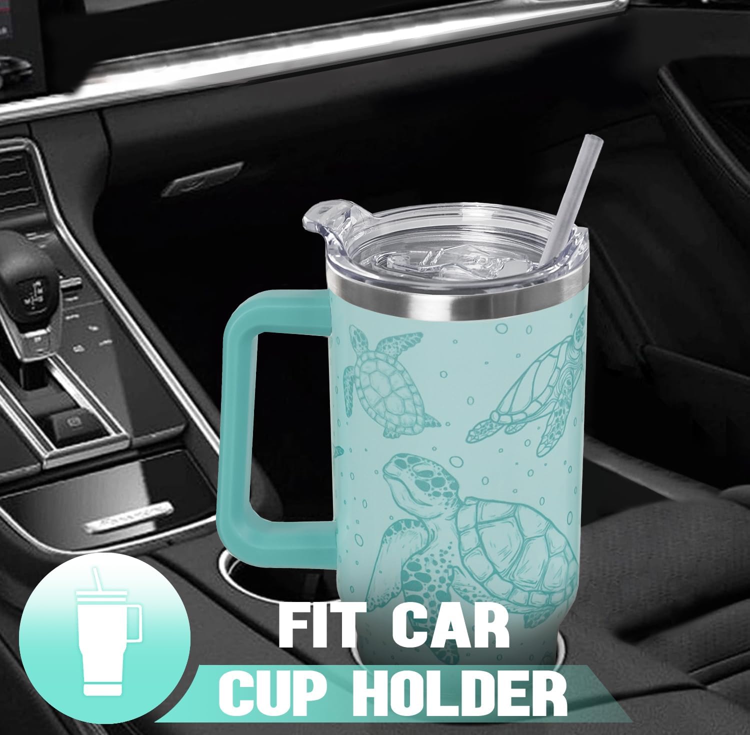 Sea Turtle Tumbler with Handle and Straw 40 oz Turtle Cup Hawaiian Ocean Turtles Coffee Travel Mug Stainless Steel Insulated Water Bottle Sea Turtles Stuff Decor Gifts for Women