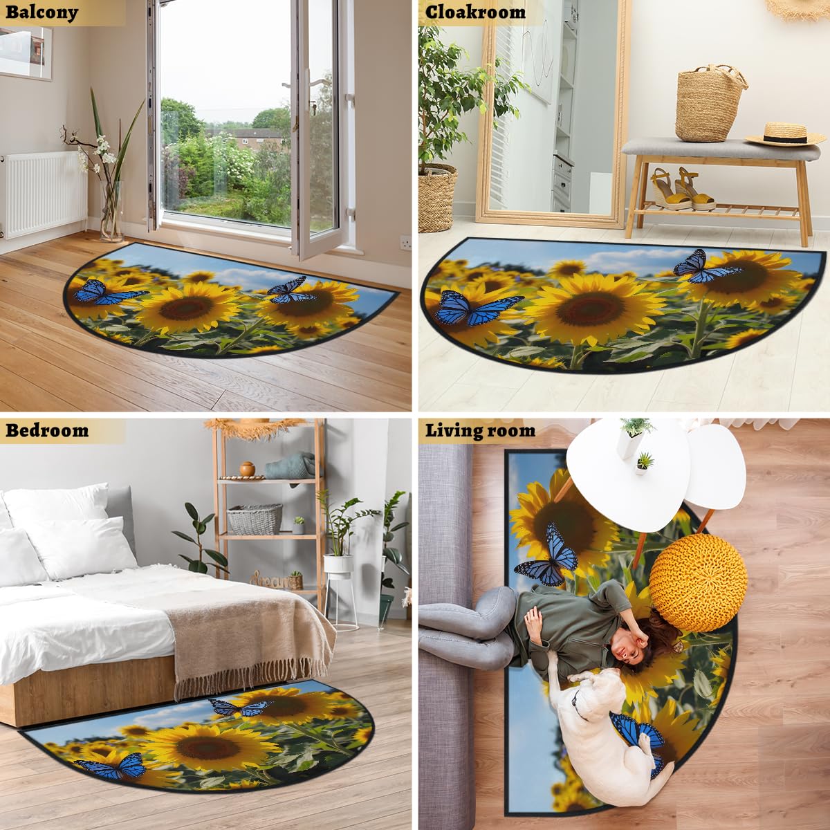 Mexpekil Paillasson demi-rond antidérapant lavable avec motif tournesols, papillon, ciel - Demi lune - Pour intérieur et extérieur - 100 x 160 cm