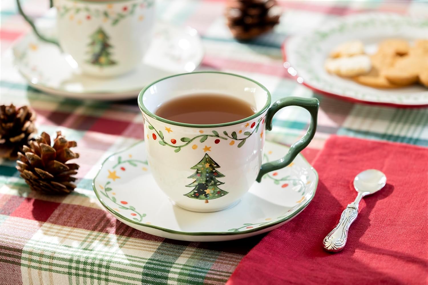 Christmas Tree Delight 12oz Ceramic Cup and Saucer, Holiday Afternoon Tea, Winter Tea Party, Seasonal Gift