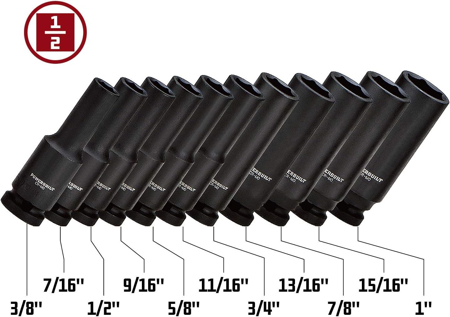 Powerbuilt 647049 1/2" Drive 6 Pt. SAE Deep Impact Socket Set, 11 Pieces , Black