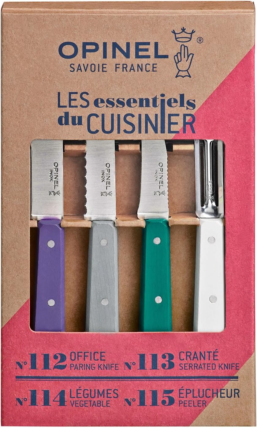 OPINEL Les Essentials - Small Kitchen 4 Piece Knife Set - Paring, Serrated, Peeler, Vegetable Knife, Corrosion Resistant High Carbon Steel, Made in France (Art Deco)