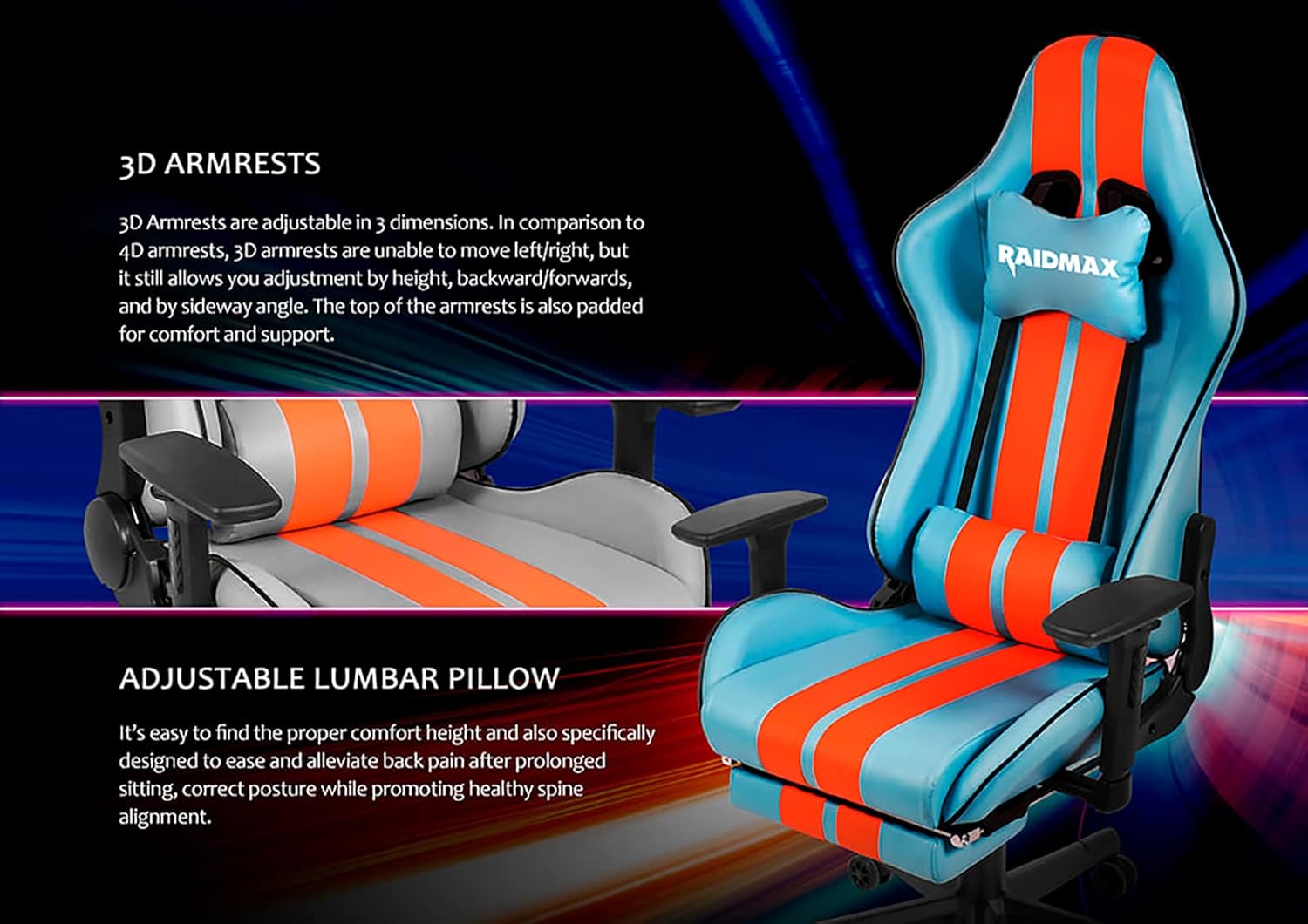 Raidmax Superior DK905 Race Car Computer-Gaming-Chairs Adjustable 3D Armrest, Head and Lumber Pillows, Tilted Base, Flat Reclining Back and Certified Gas Lift