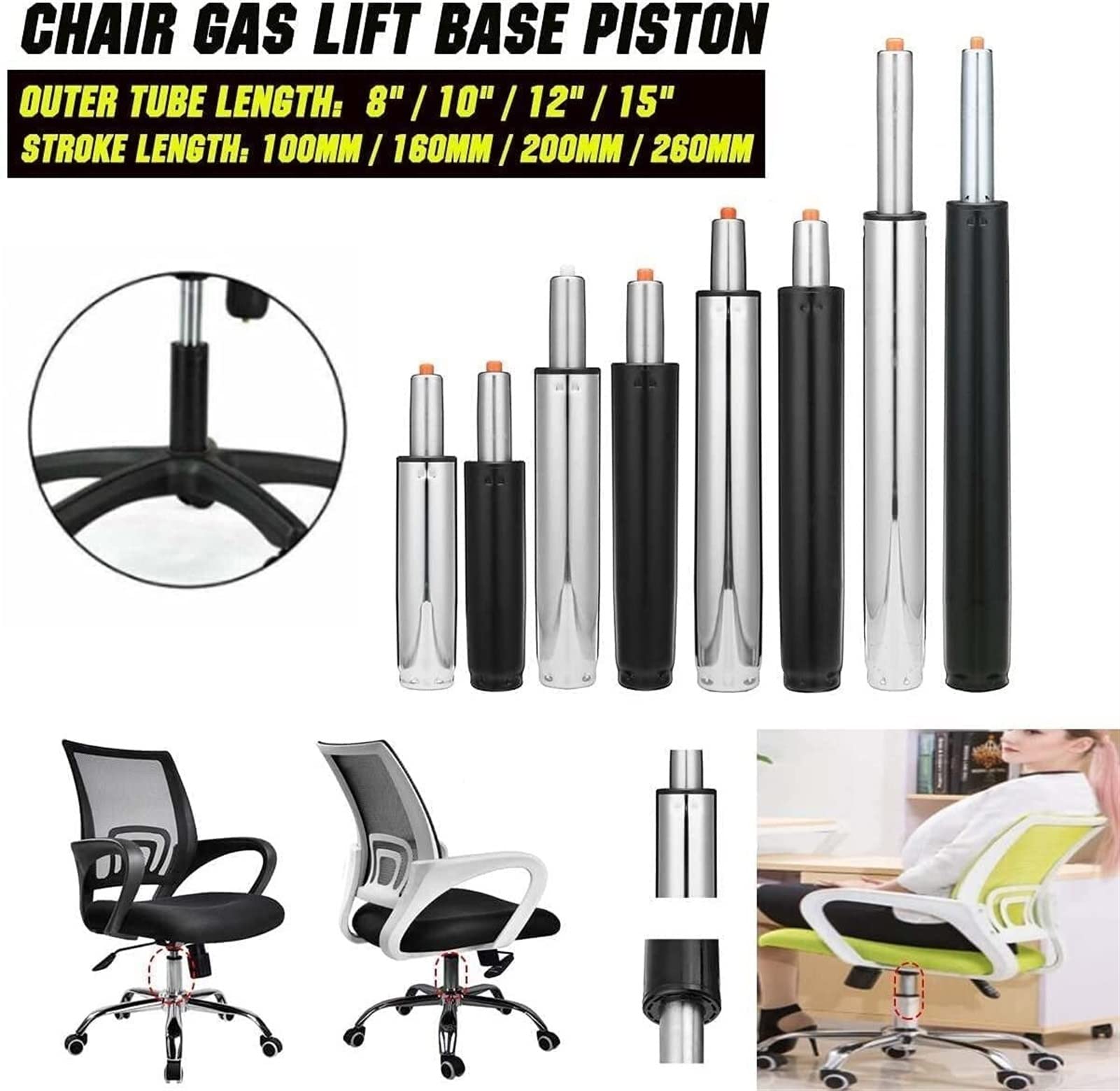 Resorte de Gas Cilindro de Varilla de Soporte Ajustable de pistón de Base de elevación de Gas neumática Piezas de Silla de Bar de Silla de Oficina Cilindro de Repuesto(160mm)