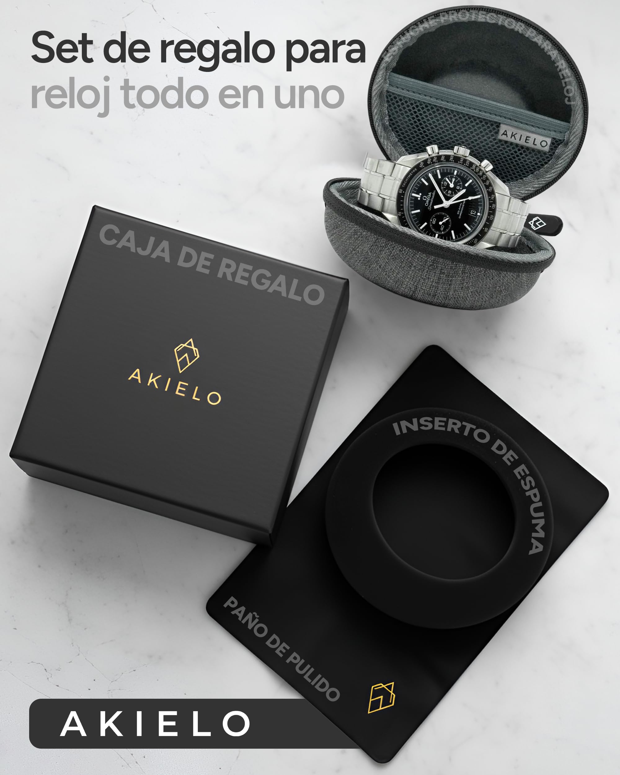 AKIELO Caja para Relojes de Viaje con Paño de Limpieza y Caja Regalo – Compatible con Relojes de Pulsera para Hombre y Mujer y Relojes Inteligentes de hasta 54 mm (Edición Gris Carbón)