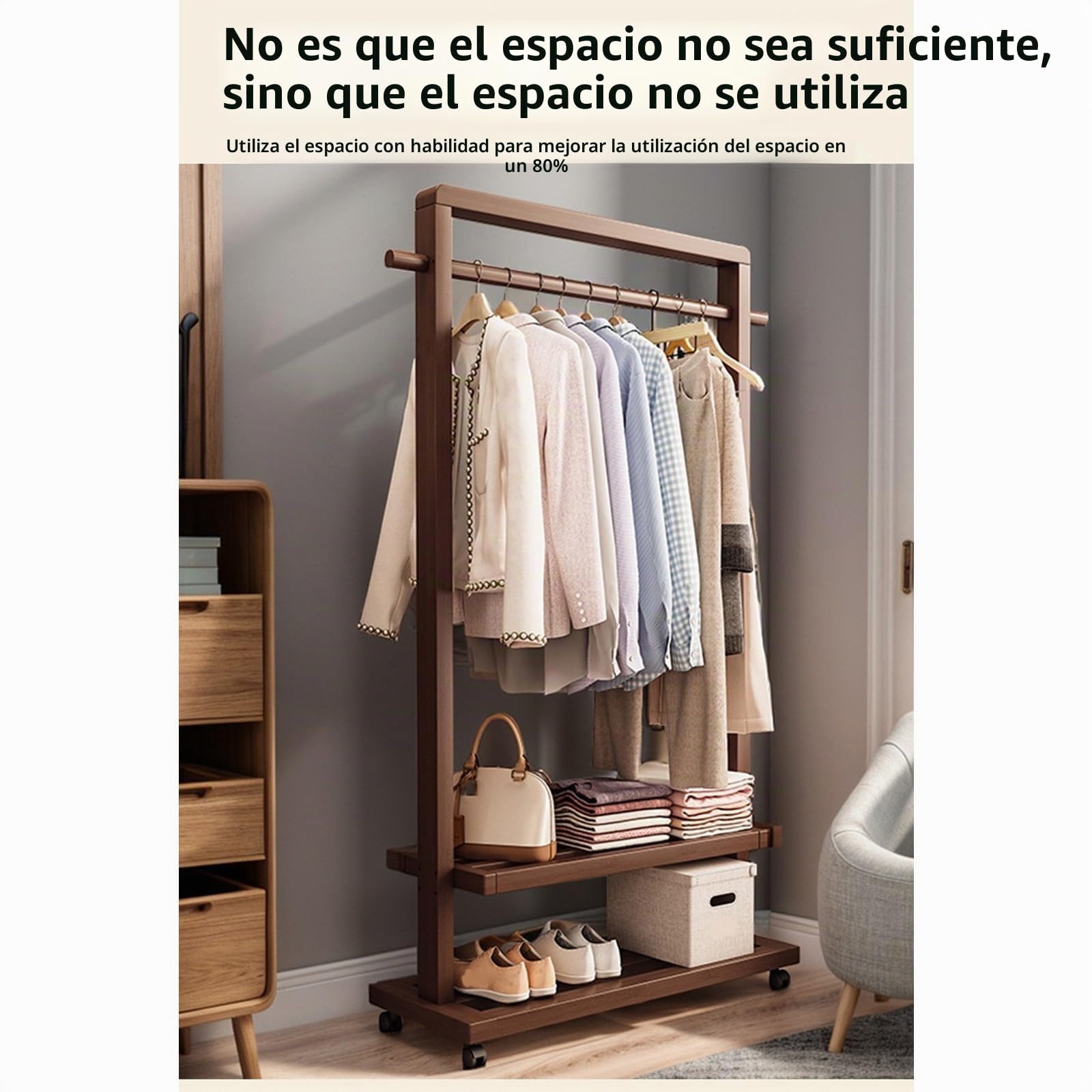 Perchero de madera maciza, perchero de bambú, perchero portátil con estante de almacenamiento y ruedas para colgar ropa, zapatos y ropa, adecuado para entrada, dormitorio, sala de estar Walnut,105