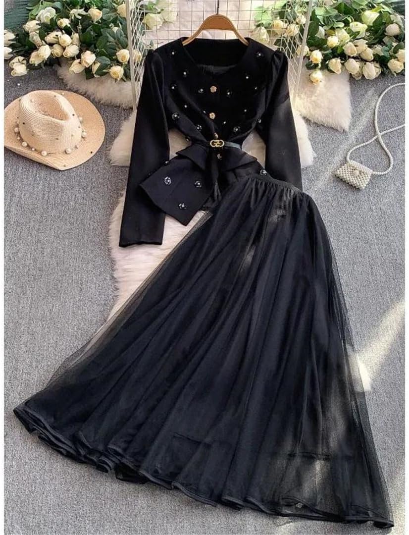 Women's Metal Floral Buckle Single Breasted Top High Waist Cinching Long Skirt Two Piece Fashion Outfits