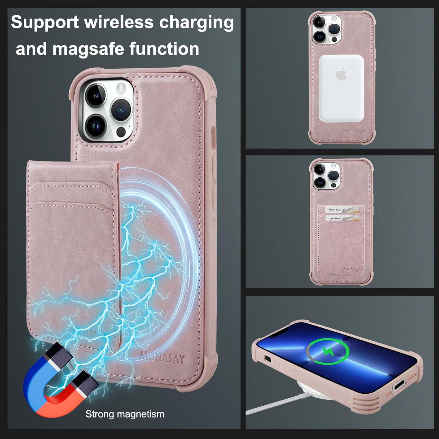 MONASAY Magsafe Wallet Case Compatible for iPhone 13 Pro 6.1 inch, [Supports Wireless Charging] [Screen Protector] Magnetic Leather Phone Cover with Detachable RFID Blocking Card Holder, Pinksand