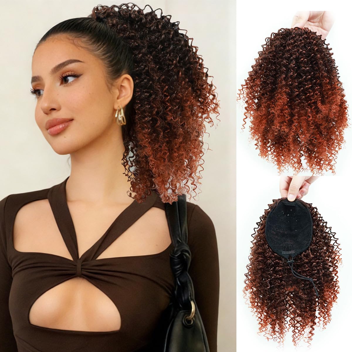 28 Inch Drawstring Ponytail Hair Black Mixed Brown Curly Ponytail Extensions Fluffy Curly Clip on Ponytails for Women(28Inch,1BH30)