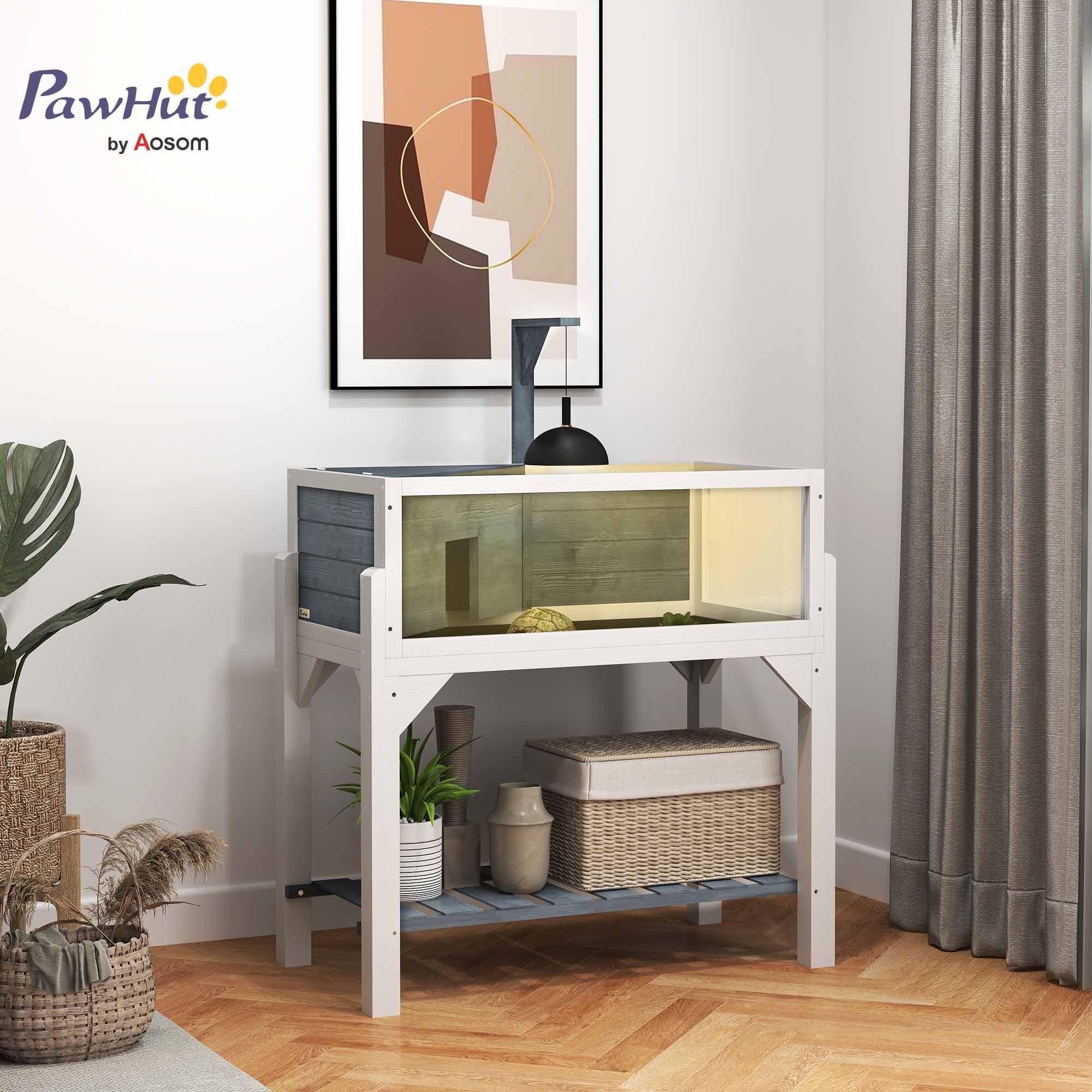 PawHut Casa per tartarughe su piedini a 2 zone - terrario per tartarughe terrestri con tetto apribile e zona interattiva - recinto 90 cm, supporto lampada, vista panoramica e ripiano - grigio