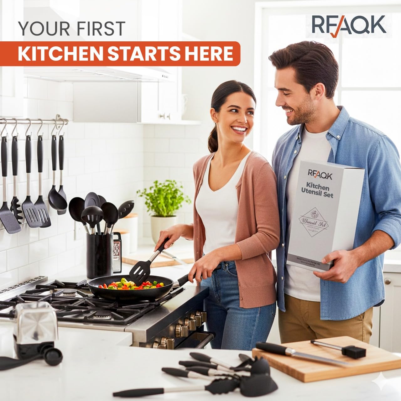 RFAQK - Juego de 40 utensilios de cocina de silicona resistentes al calor de 456 °F, sin BPA, para utensilios de cocina antiadherentes, incluye abrelatas, triturador de patatas, pelador, pinzas, juego