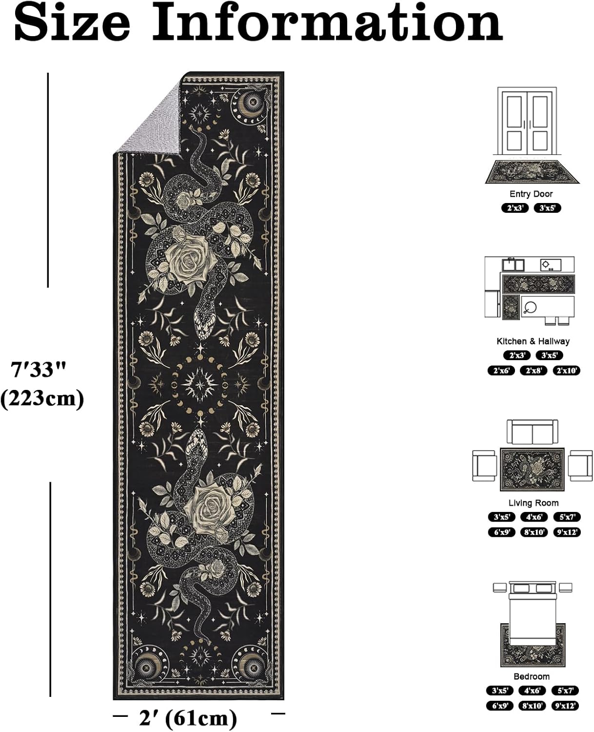 Yinhua Runner Rug Washable Snake Rugs for Hallway, Gothic Runner Rugs 2x7'3 Non Slip, Soft Low Pile Kitchen Runner Rug for Hallways, Kitchen, Bedroom, Laundry, Grey