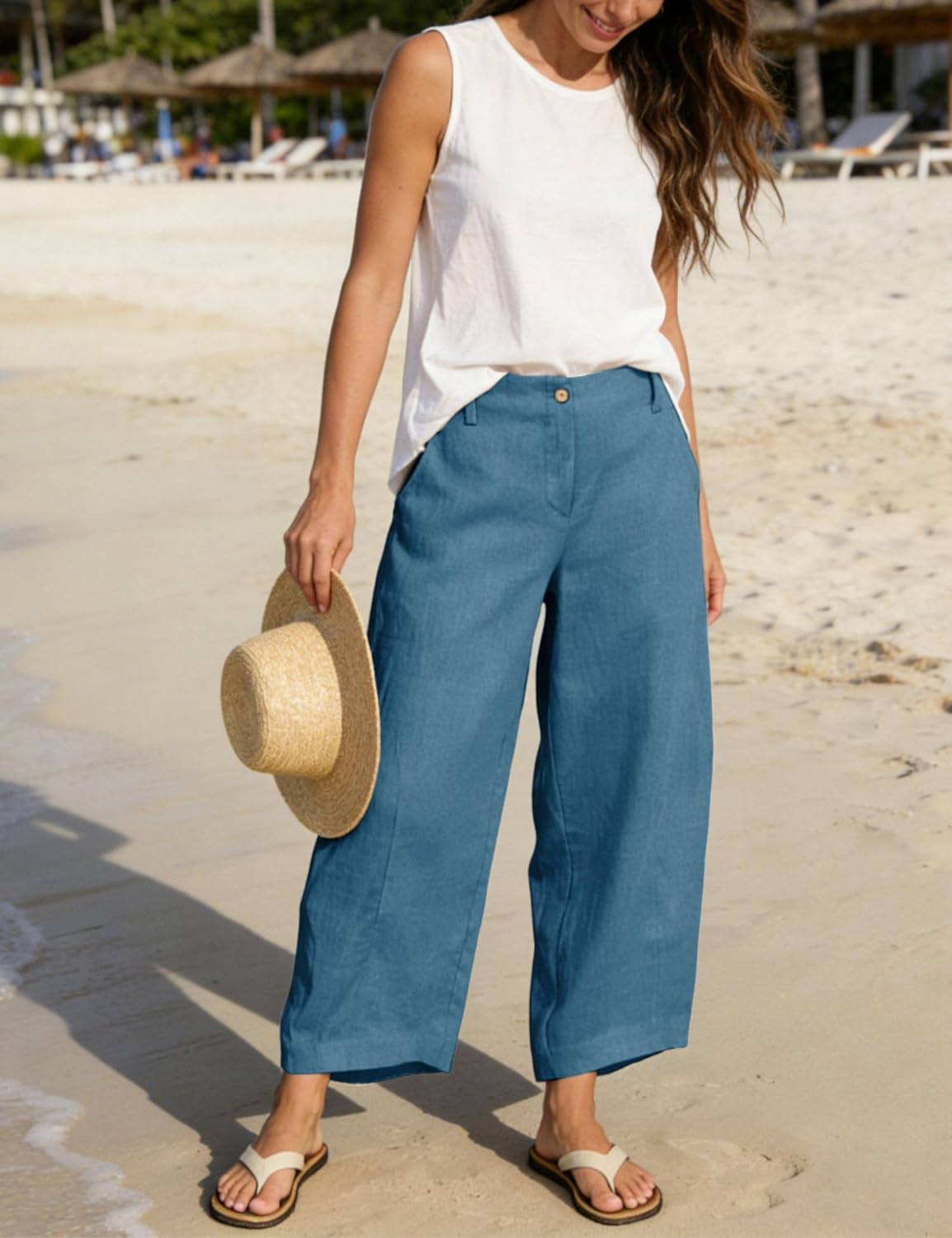 Athlisan Womens Linen Barrel Pants Casual Baggy Wide Leg Palazzo Trousers Summer Beach Capri Pants - Image 6