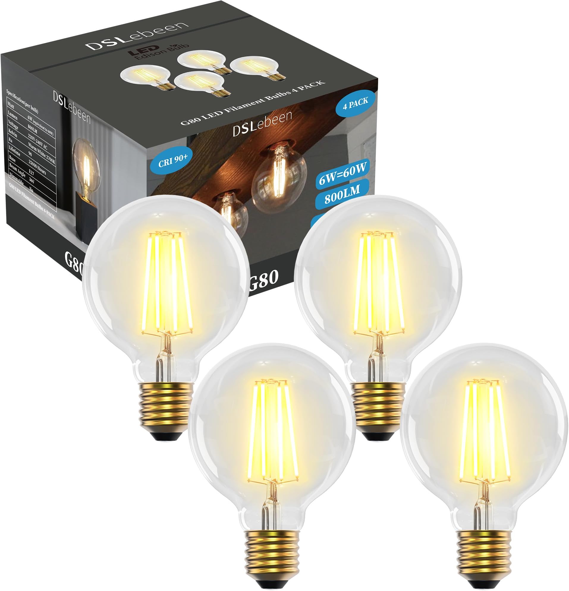 E27 LED Light Bulbs 6W (60W Incandescent Equivalent) G80 Edison Screw Bulb 800lm Decorative Vintage Filament Lighting Clear Globe Glass CRI 90+ Warm White 2700K Non-Dimmable 4 Pack