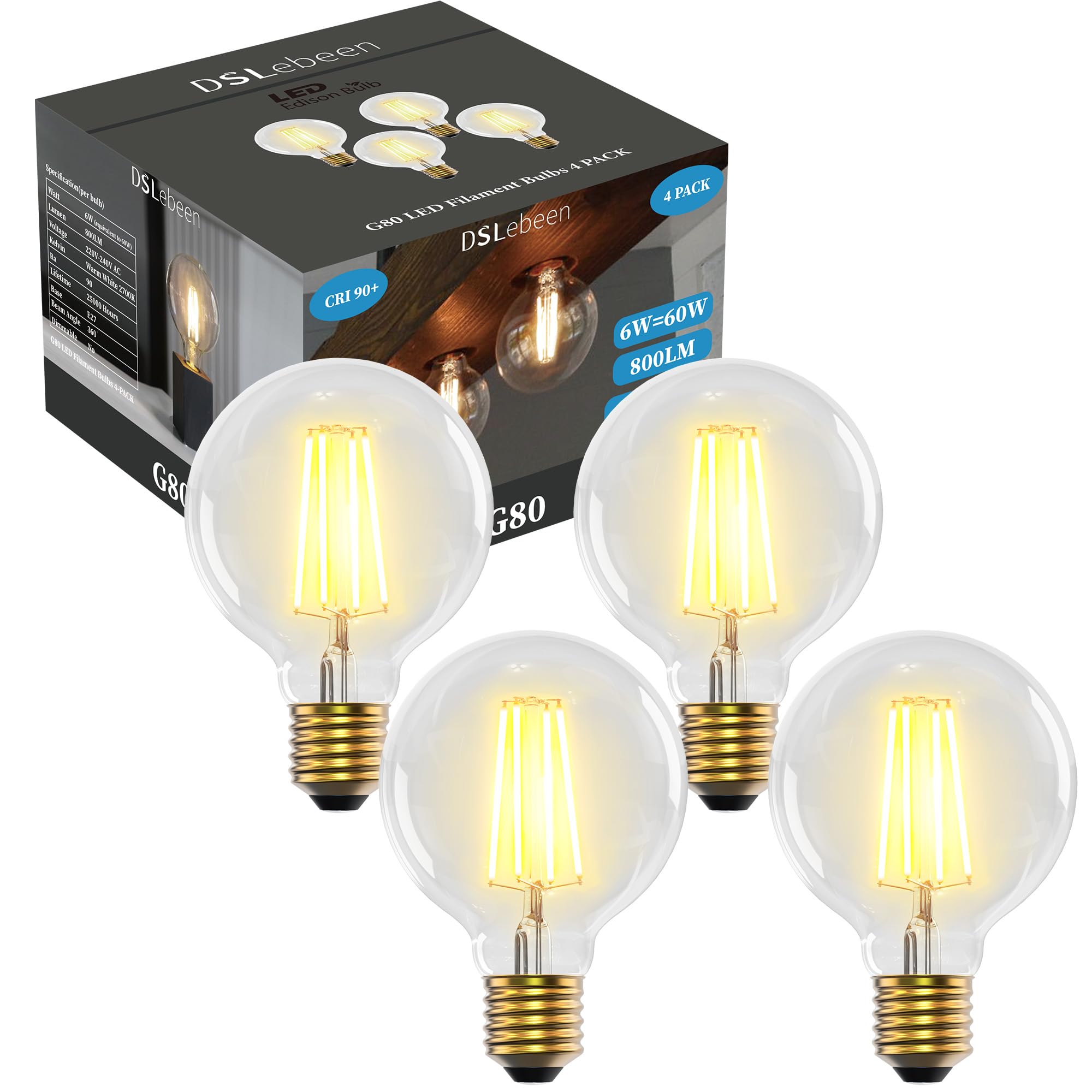 DSLebeen E27 LED Light Bulbs 6W (60W Incandescent Equivalent) G80 Edison Screw Bulb 800lm Decorative Vintage Filament Lighting Clear Globe Glass CRI 90+ Warm White 2700K Non-Dimmable 4 Pack