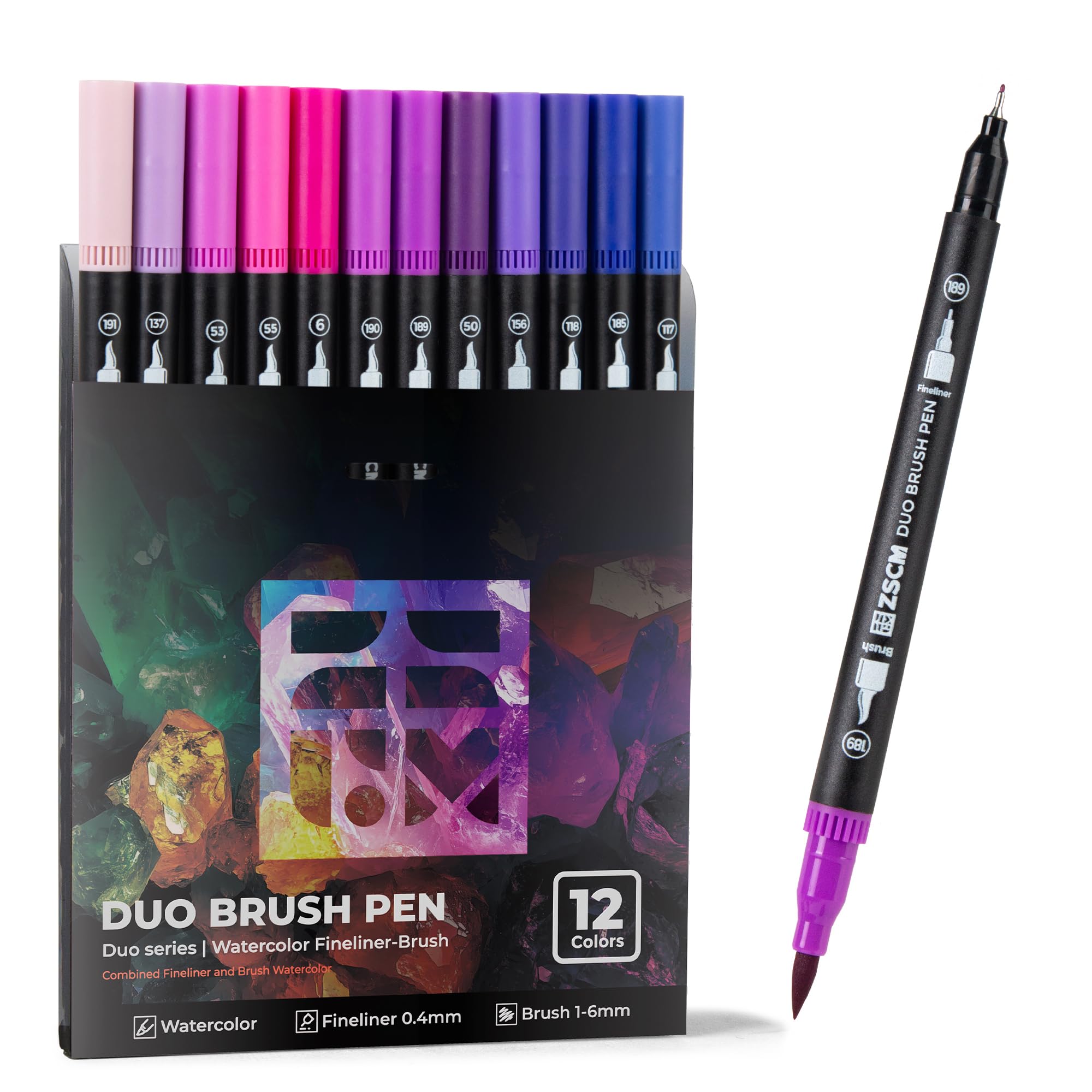 ZSCM Purple Duo Tip Marker Pens, 12 Pack Fine & Brush Markers for Adult Colouring Books No Bleeding, Royal Purple Markers for Fantasy Art, Mystical Patterns, Creative Shadows and Luxury Themes