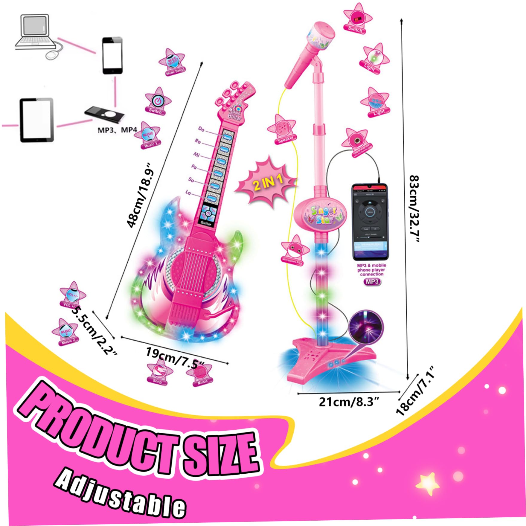 Guitarra eléctrica para niños, Guitarra y micrófono para niños, Juguete con música y luz, micrófono 2 en 1 de Altura Ajustable con Soporte, Instrumentos de Juguete de Aprendizaje