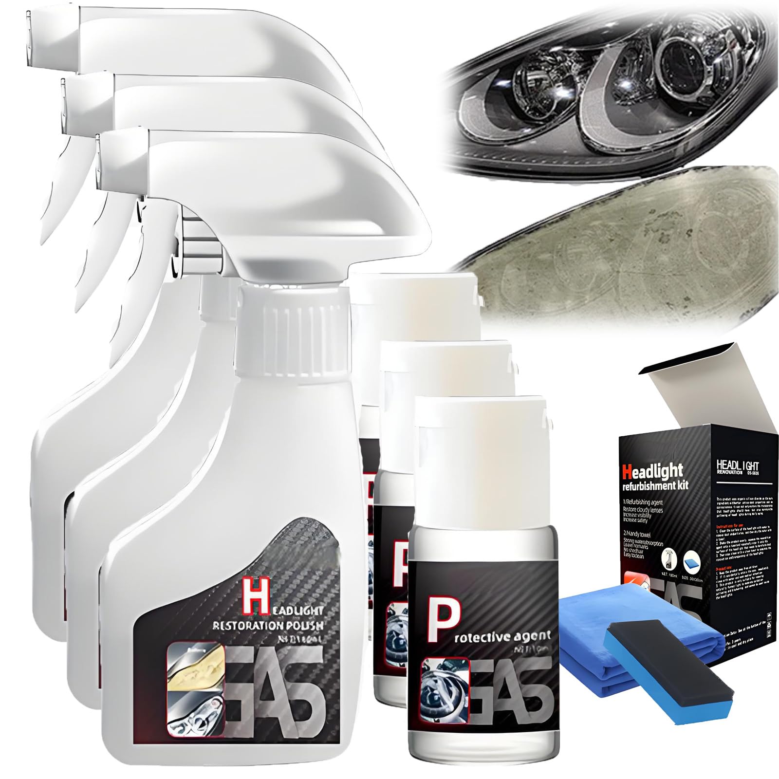 Headlight Restoration Kit, Scheinwerfer Reparatur Flüssigkeit Set 180ml, Scheinwerfer Spray, Pro Scheinwerfer-Regenerationsmittel, Auto Scheinwerfer Politur Spray Für Hellere, Klarere Sicht (3 PCS)