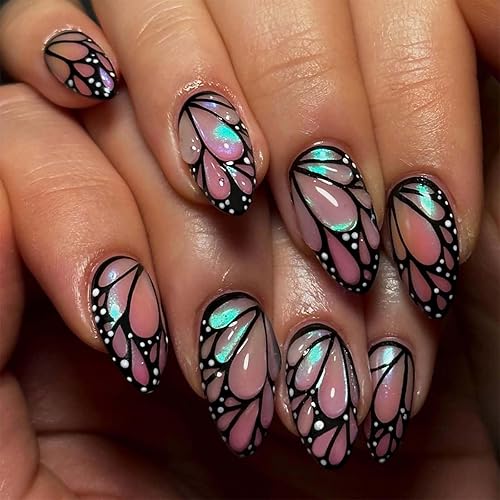 QQPPOLIU Medium Press on Nails Almond Shape with Butterfly Designs 3D Glue on Nails, 24pcs for Girl - Geometric 903