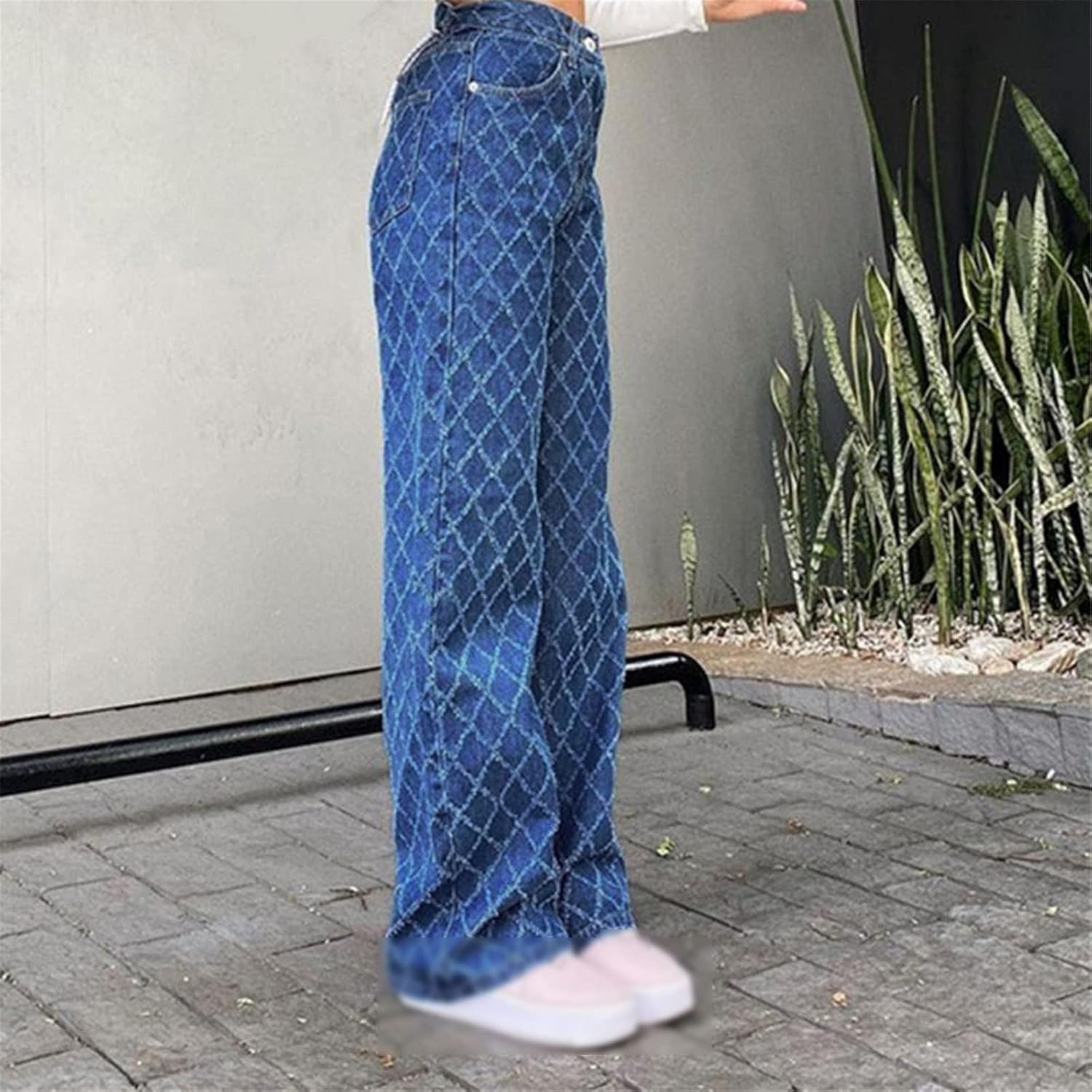 Kelsiop Spring Ladies Jeans High Waist Loose Denim Trousers Rhombus Shaped Old Long Straight Thick Edge Jeans