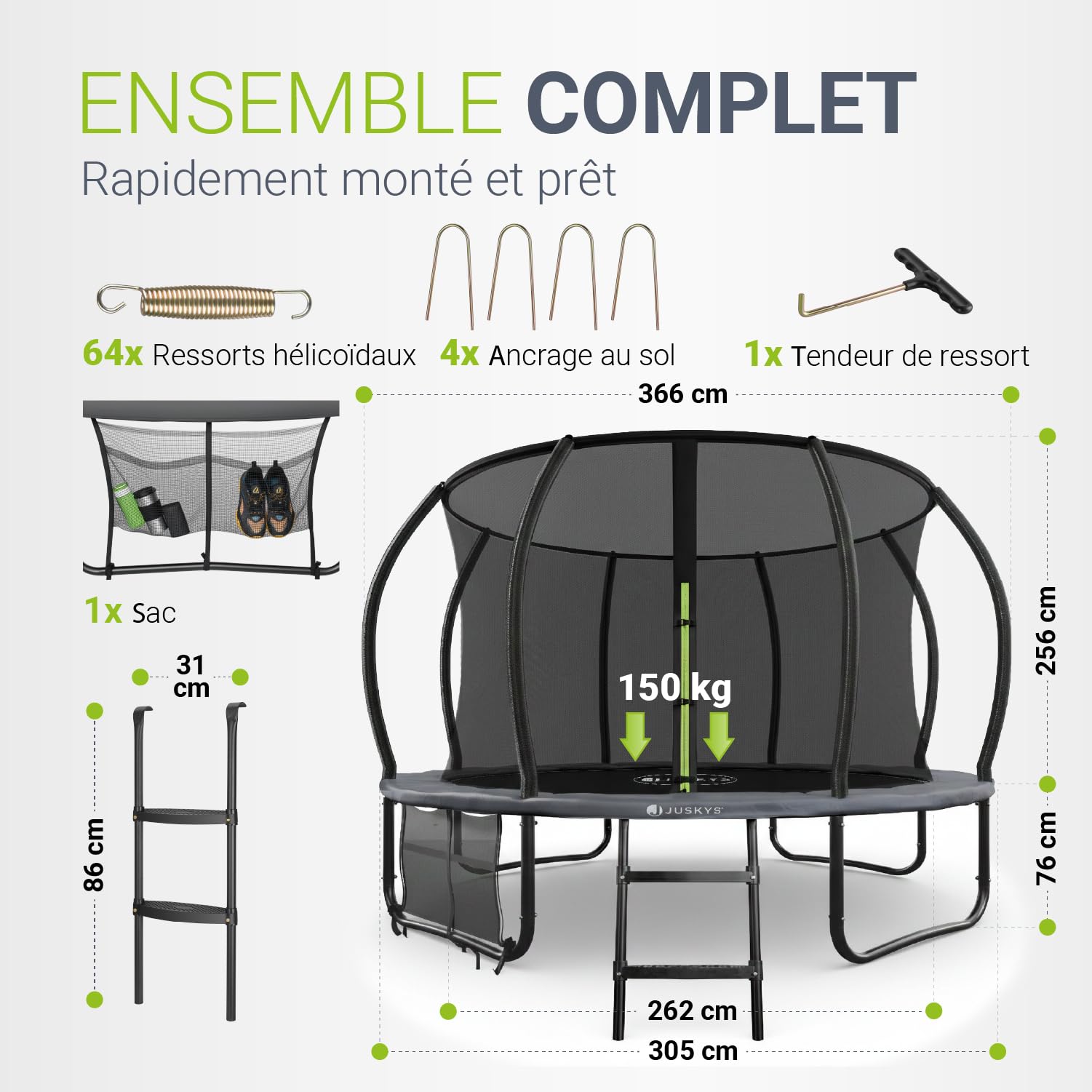 Juskys Trampoline SkyBounce – Trampoline de Jardin extérieur avec Filet de sécurité, échelle et ancrages au Sol, Protection de Bord rembourrée