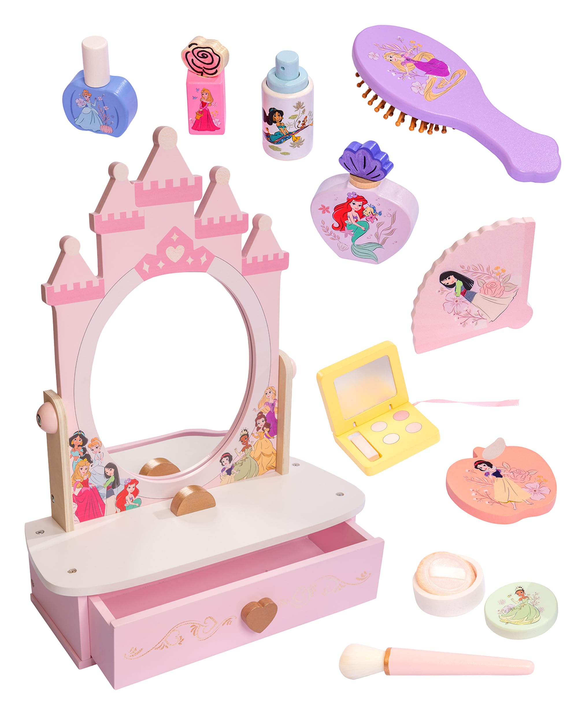 Disney Princess Wooden Vanity Unit with Mirror & 10 Accessories – Kids Pretend Play Dressing Table Set – Durable Wooden Design Featuring Rapunzel, Belle, Ariel & More – Ages 3+