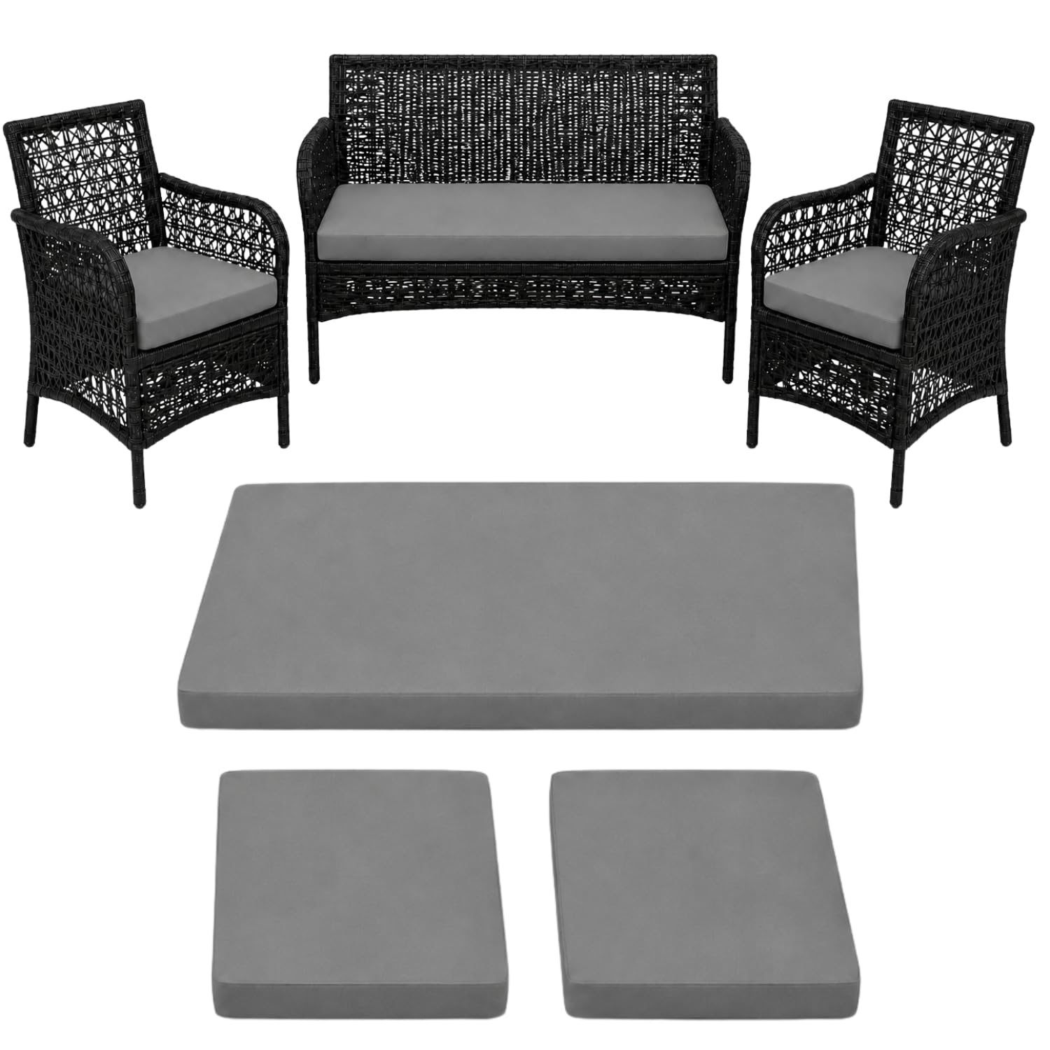 Weavonix 3 Piece Rattan Furniture Replacement Cushion Set, 5 cm Thick High Density Foam Garden Seat Pads, Water-Resistant Outdoor Cushions for 2 Chairs & Sofa, Patio, Balcony and Conservatory - Grey