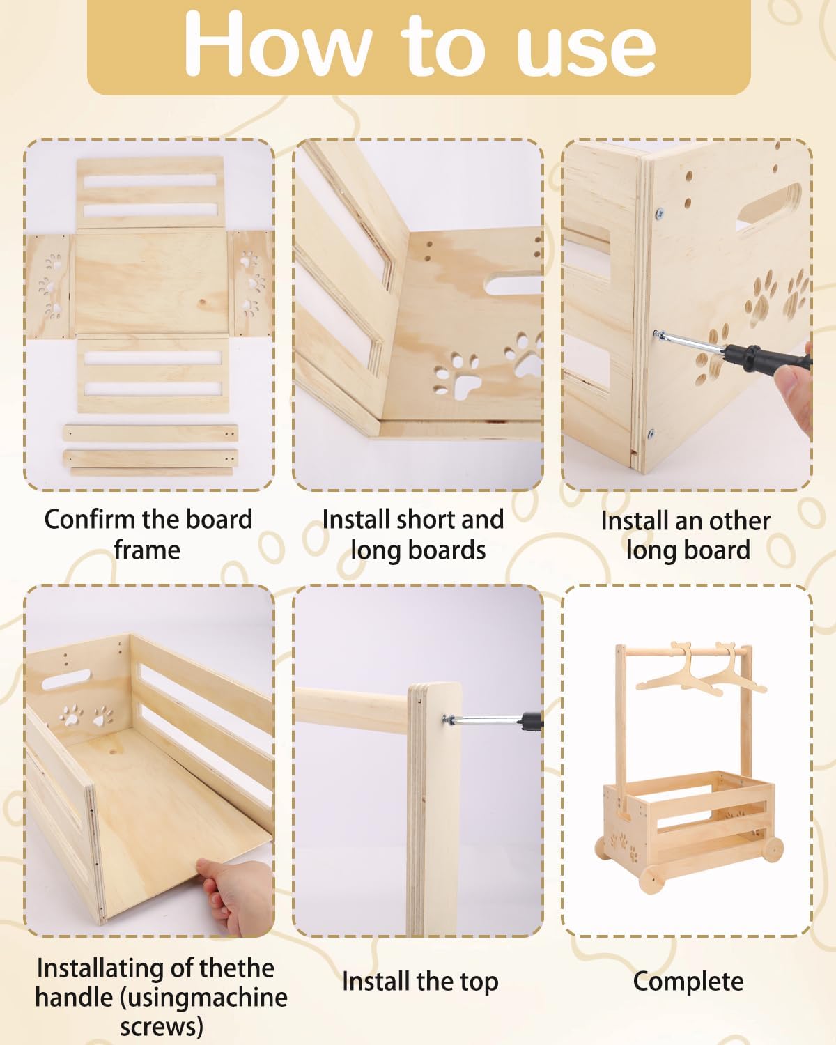 Wooden Dog Closet Pet Wardrobe Organizer, 20 x 13 x 9 Inch Pet Clothes Storage Crate with Hanging Rack, 10 Hangers, Rope & Clips for Dog Puppy Cat Toys Clothes Accessories