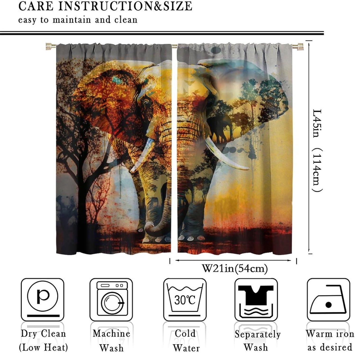 Rustic African Wildlife Elephant Blackout Curtains for Bedroom, Abstract Modern Art Nature Landscape Animal Silhouette Sunset Tree Rod Pocket Thermal Darkening Curtains Drapes 2 Panels 45"L x 21"W