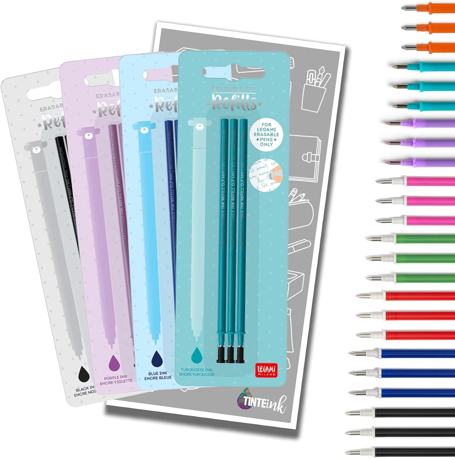 Legami Pen Refills Gel for Erasable Gel Pen Range with Tinte Ink Envelope (Black, Blue, Purple & Turquoise)