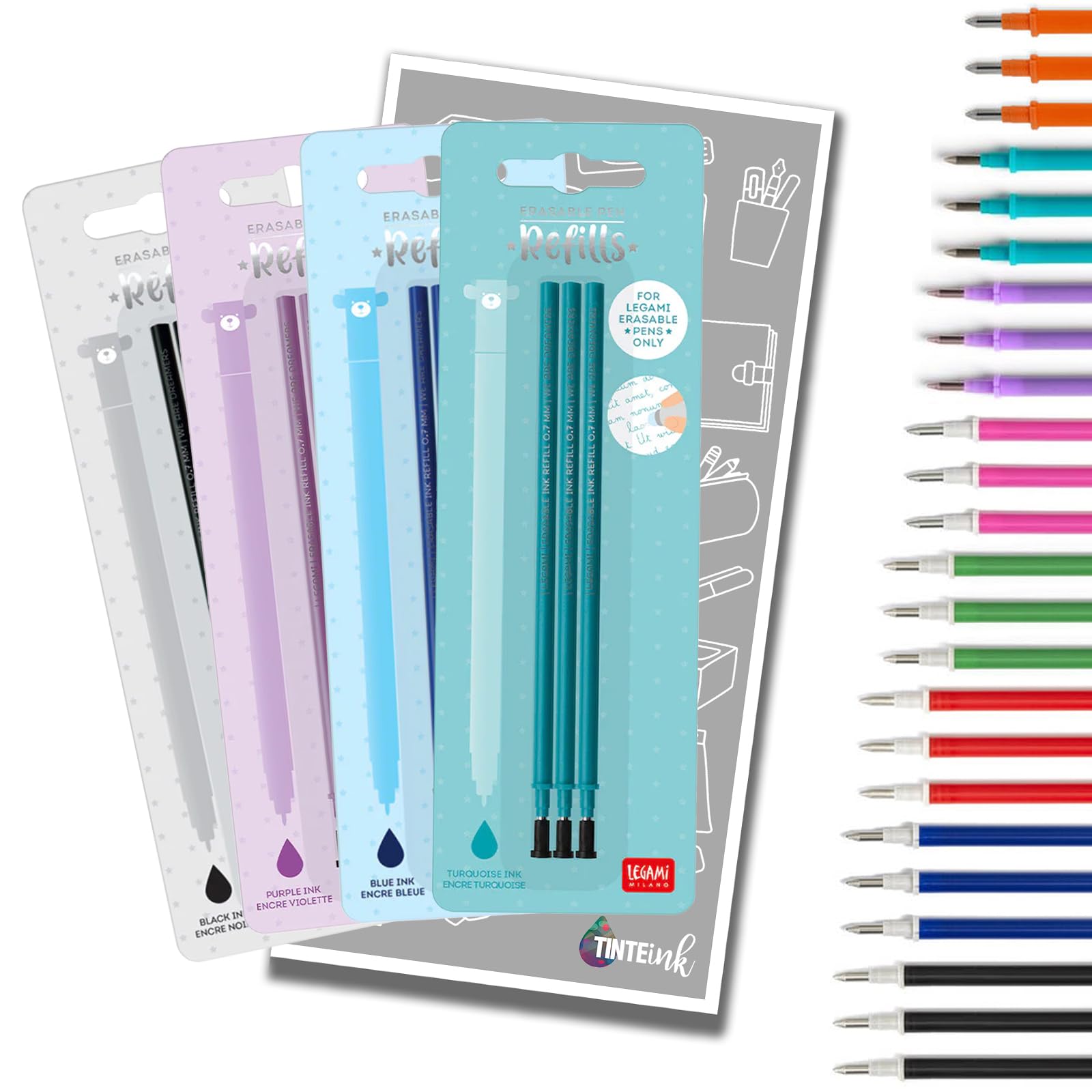 Legami Pen Refills Gel for Erasable Gel Pen Range with Tinte Ink Envelope (Black, Blue, Purple & Turquoise)