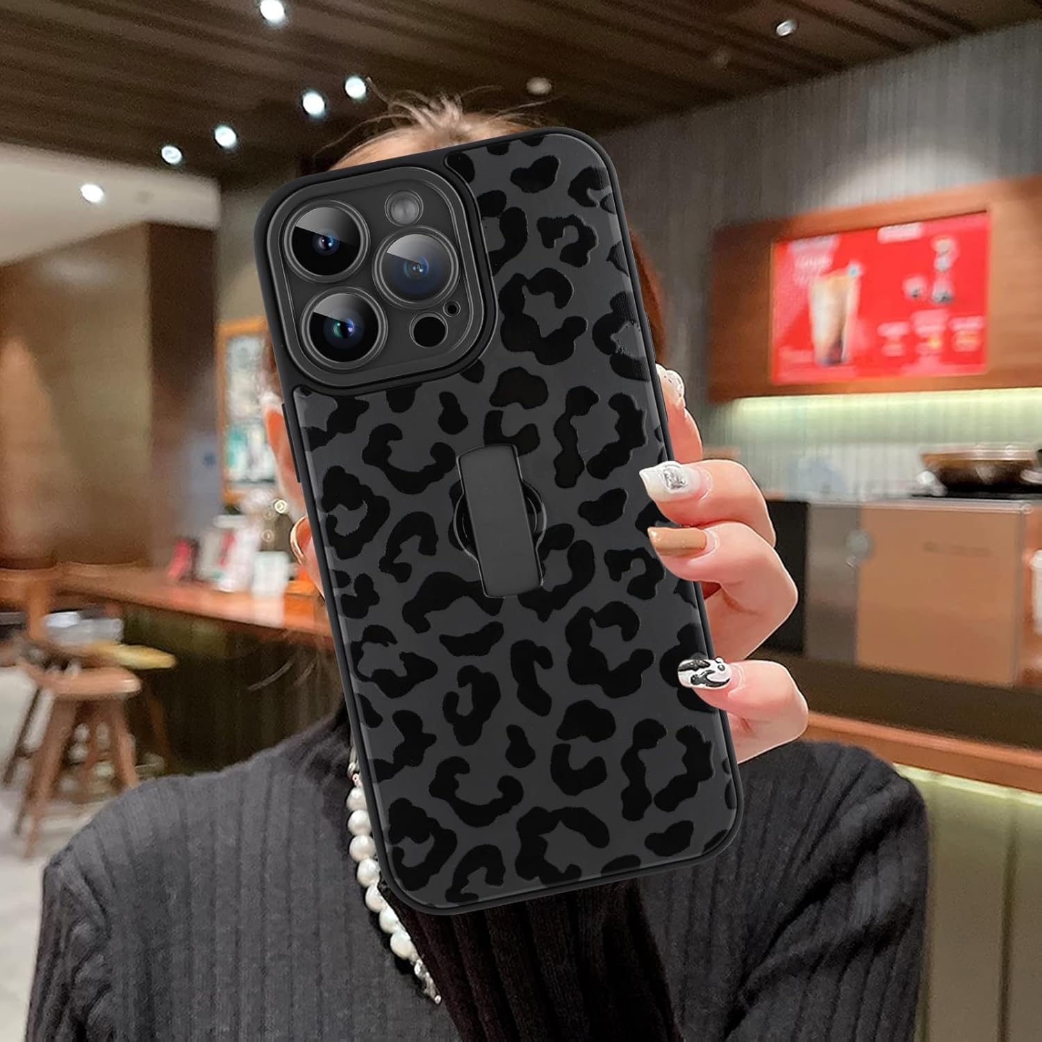 MOWIME Compatible with iPhone 14 Pro Case with Finger Strap, Cheetah Print Shockproof Soft TPU Protective Cover for Women Girls, Slim Anti Scratch Case for iPhone 14 Pro 6.1 Inch, Black - Image 4