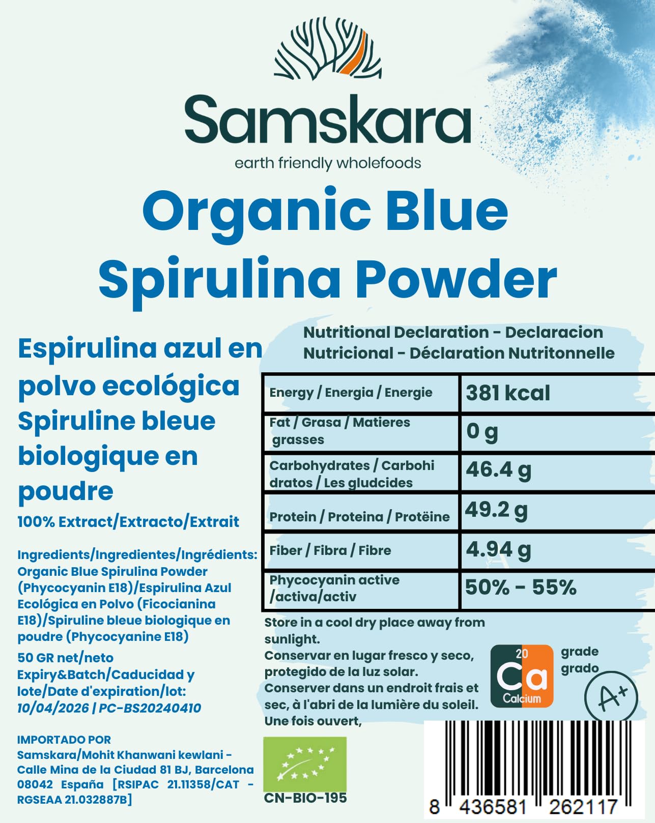 Espirulina Azul BIO | Extracto de Ficocianina 100% | colorante azul alimentario natural | a base de algas | Luminoso para batidos, repostería, bebidas, yogur y mas | sin OMG | 50 gramos x 1 pack
