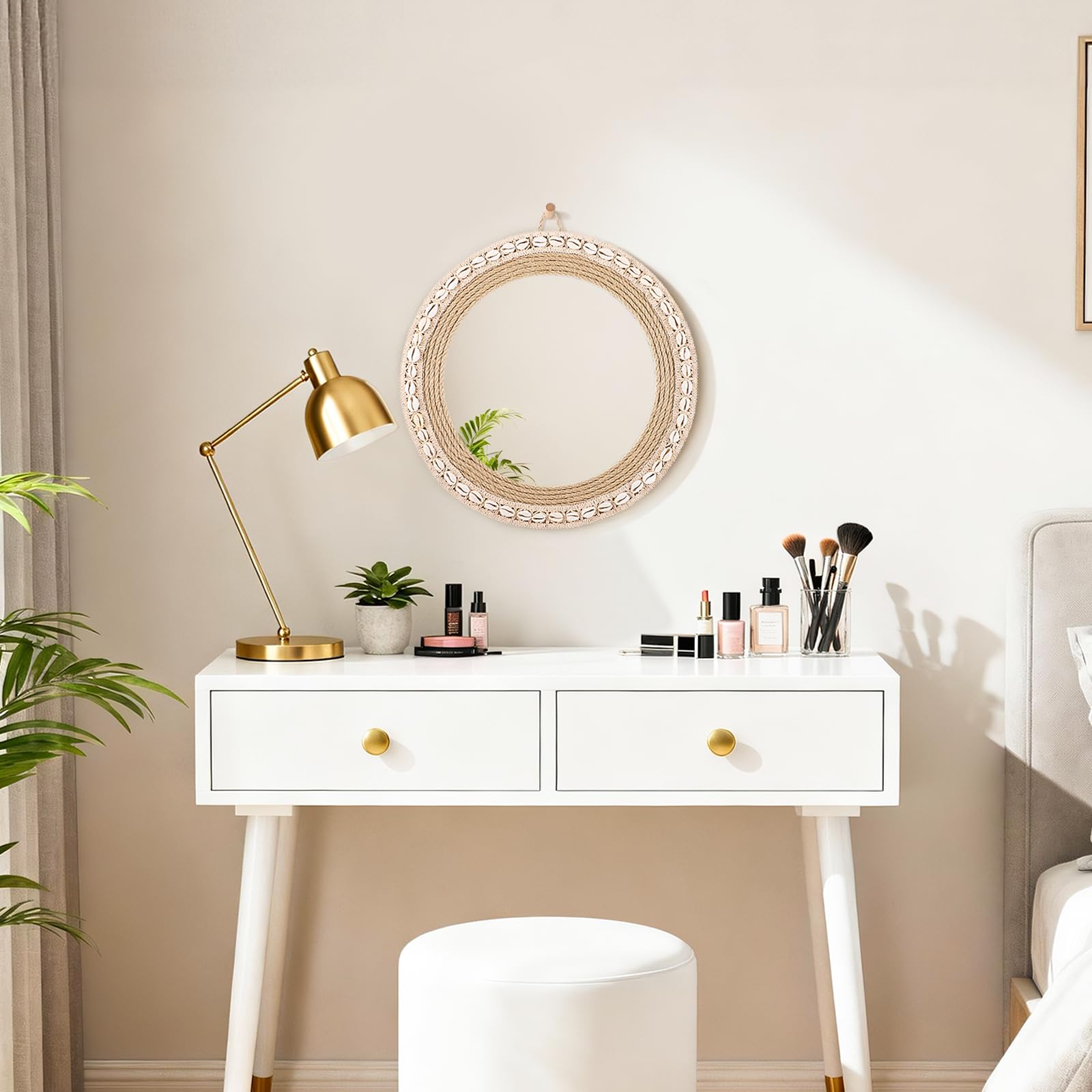 13.98 Inch Boho Mirror, Hemp Rope and Marine Scallop Ribbon Circle Mirrors, Used for Wall Mounted Mirrors for Bathroom, Wall, Entryway, Rustic (Natural)