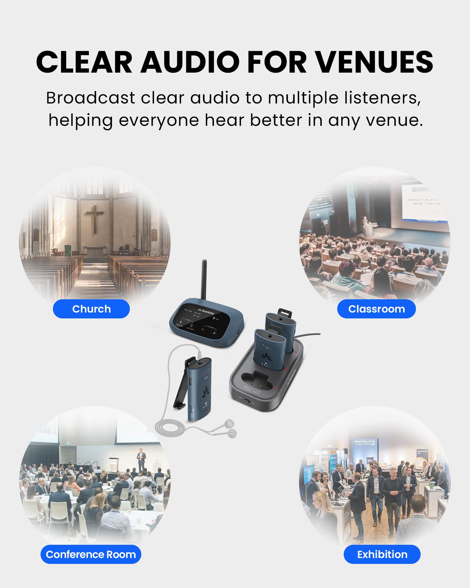 Avantree AuraPlex M3 Auracast Audioübertragungssystem 1 Sender 3 Empfänger 100m Reichweite