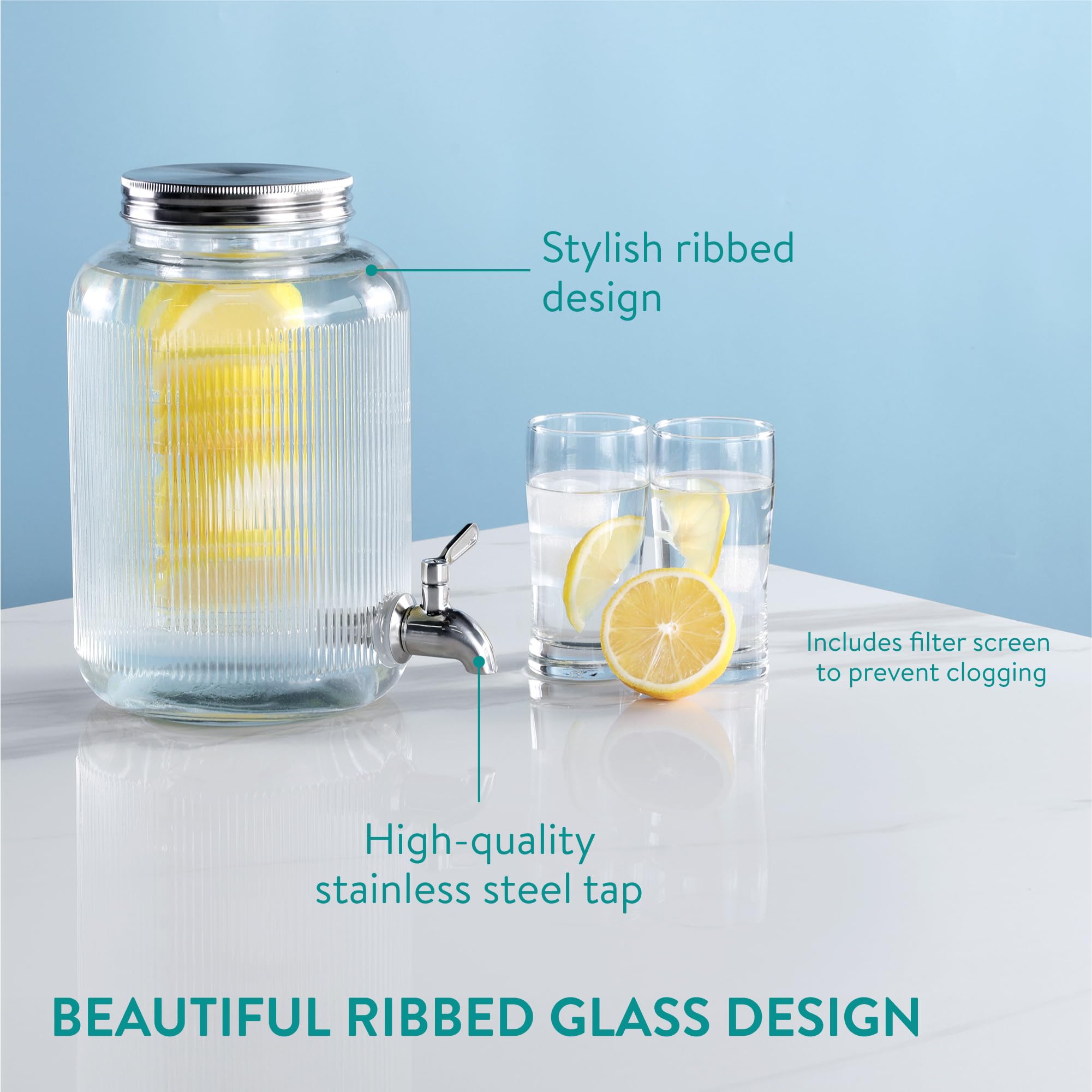 Navaris Dispensador de Bebidas con Grifo - Recipiente de Cristal de 4 L - Garrafa Agua con Grifo con Dosificador de Metal - Garrafa de Agua - Diseño de Rayas — view 3