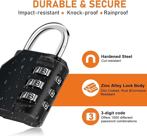 NAGE Combination Lock, Coded Padlock with 3 Digit Lock (4p, Black)