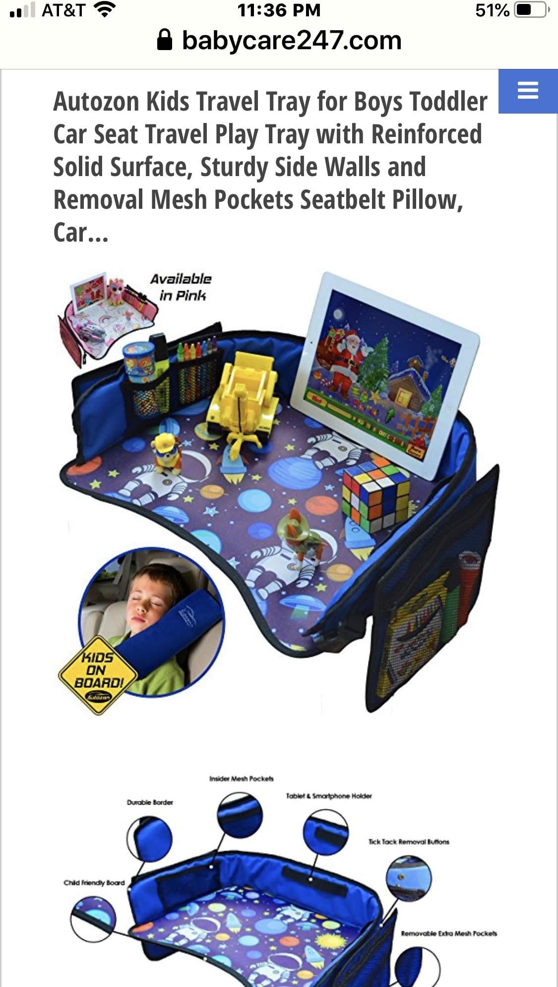 Kids Travel Tray for Boys Toddler Car Seat Travel Play Tray with Reinforced Solid Surface, Sturdy Side Walls and Removal Mesh Pockets Seatbelt Pillow, Car Sticker, Autozon