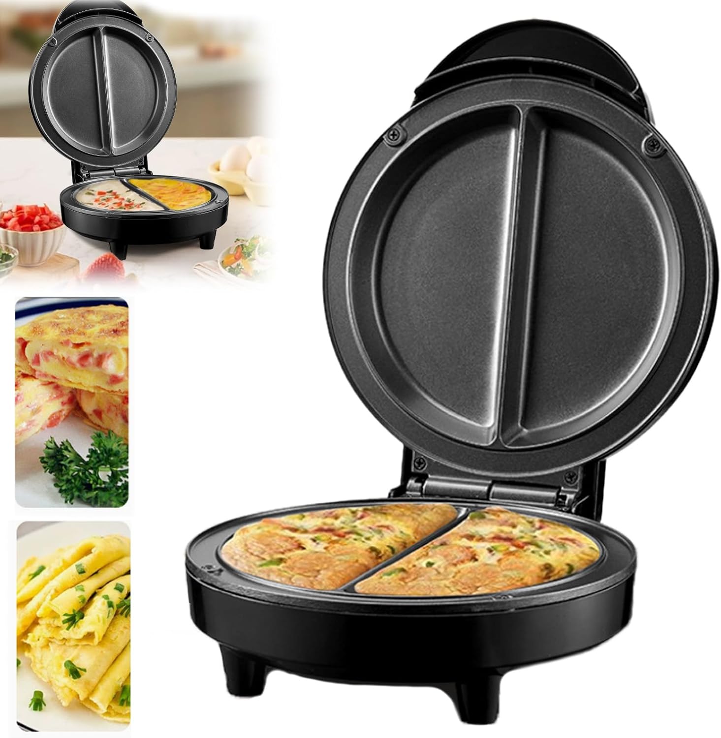 Dual-Zone Electric Omelette Maker, Omelette Pan Nonstick, No-Flip Cooking Makes 2 Omelettes at Once, Compact with Easy-Clean Non-Stick Surface for Eggs and Pancakes (1pcs)